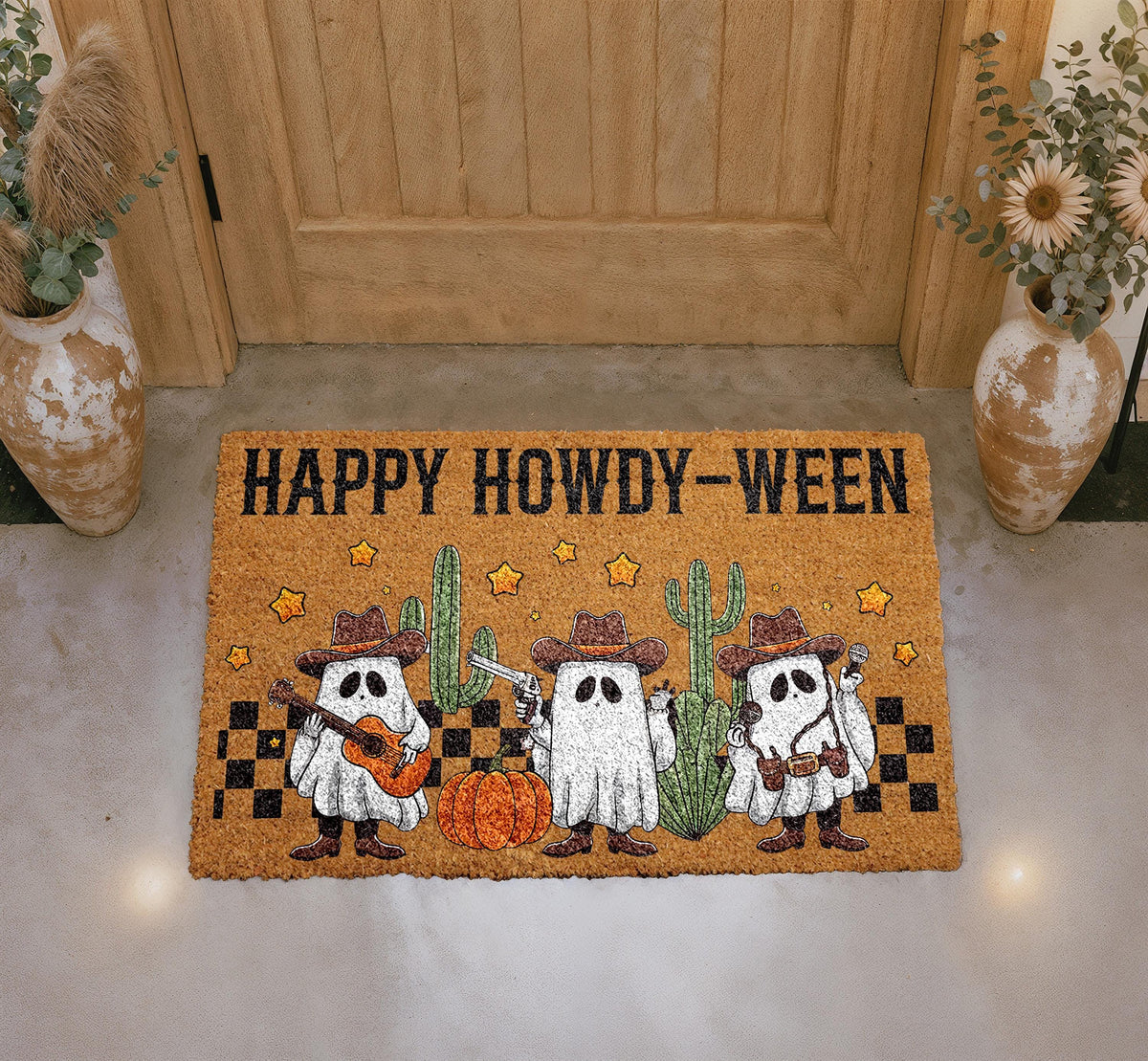 Happy Howdy-Ween Doormat, Cowboy Ghost Welcome Mat, Outdoor Coir Mat (16"x24")