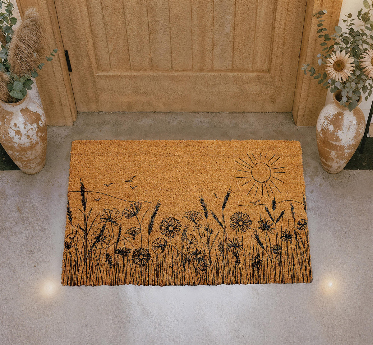 Wildflower Meadow Doormat, Rustic Botanical Landscape, Farmhouse Front Porch Coir Mat