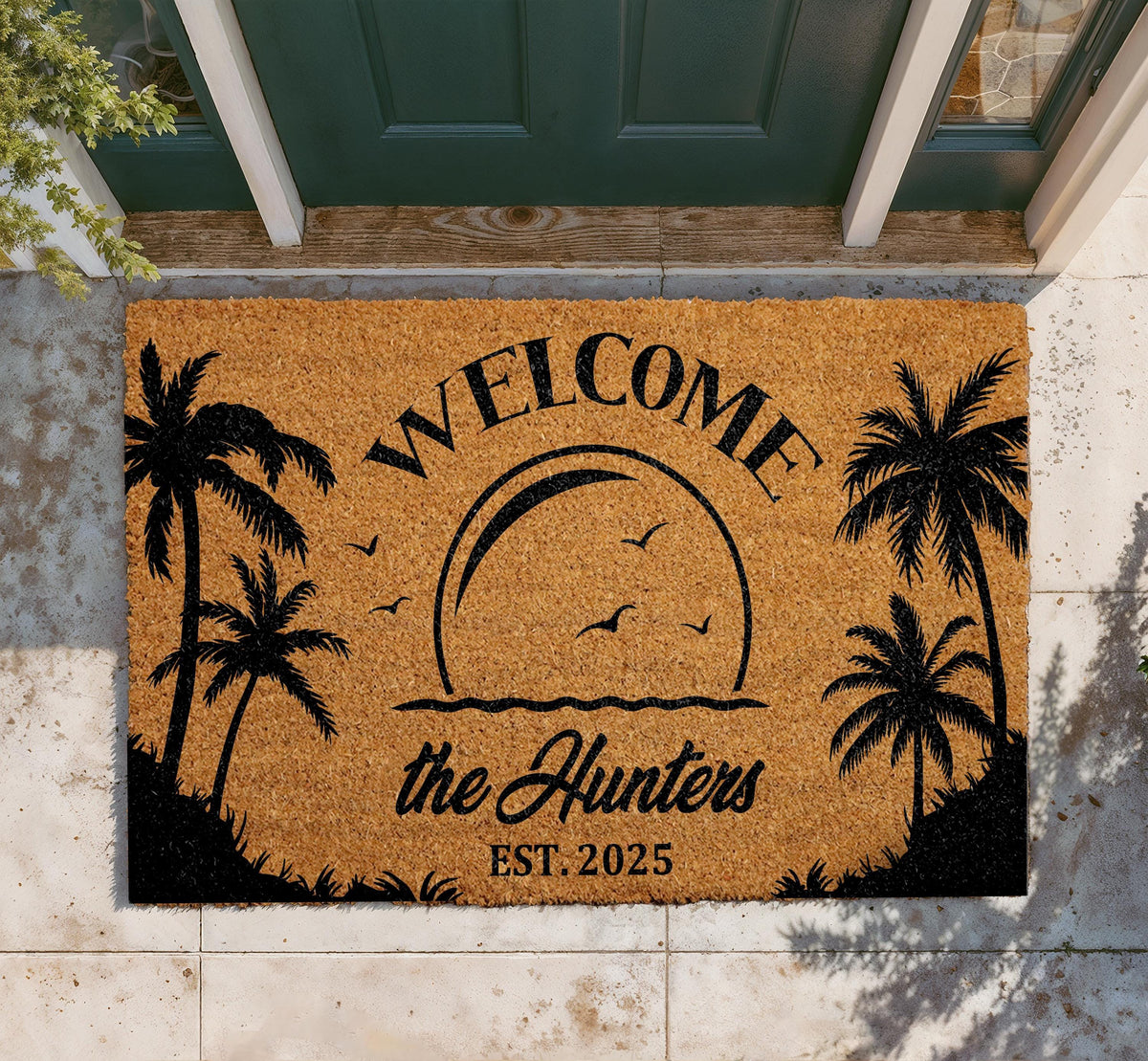 Personalized Tropical Welcome Doormat, Family Name Custom Door Mat, Front Porch Rug, Beach Inspired Coir Mat, Outdoor Entryway Home Decor