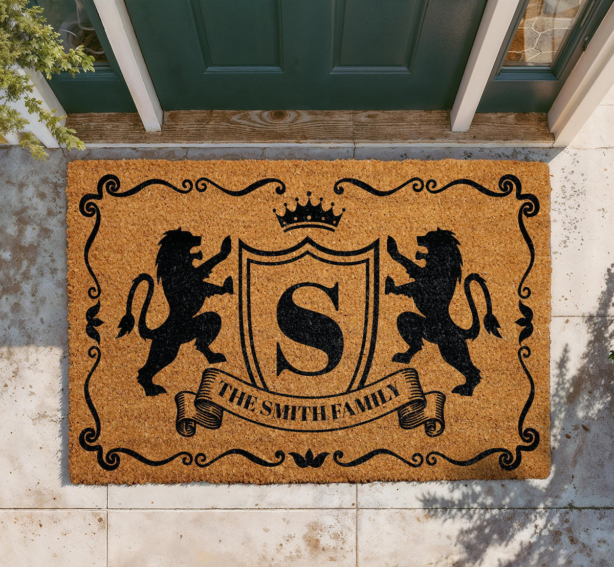 Personalized Regal Lion Crest Doormat, Custom Family Name Welcome Mat