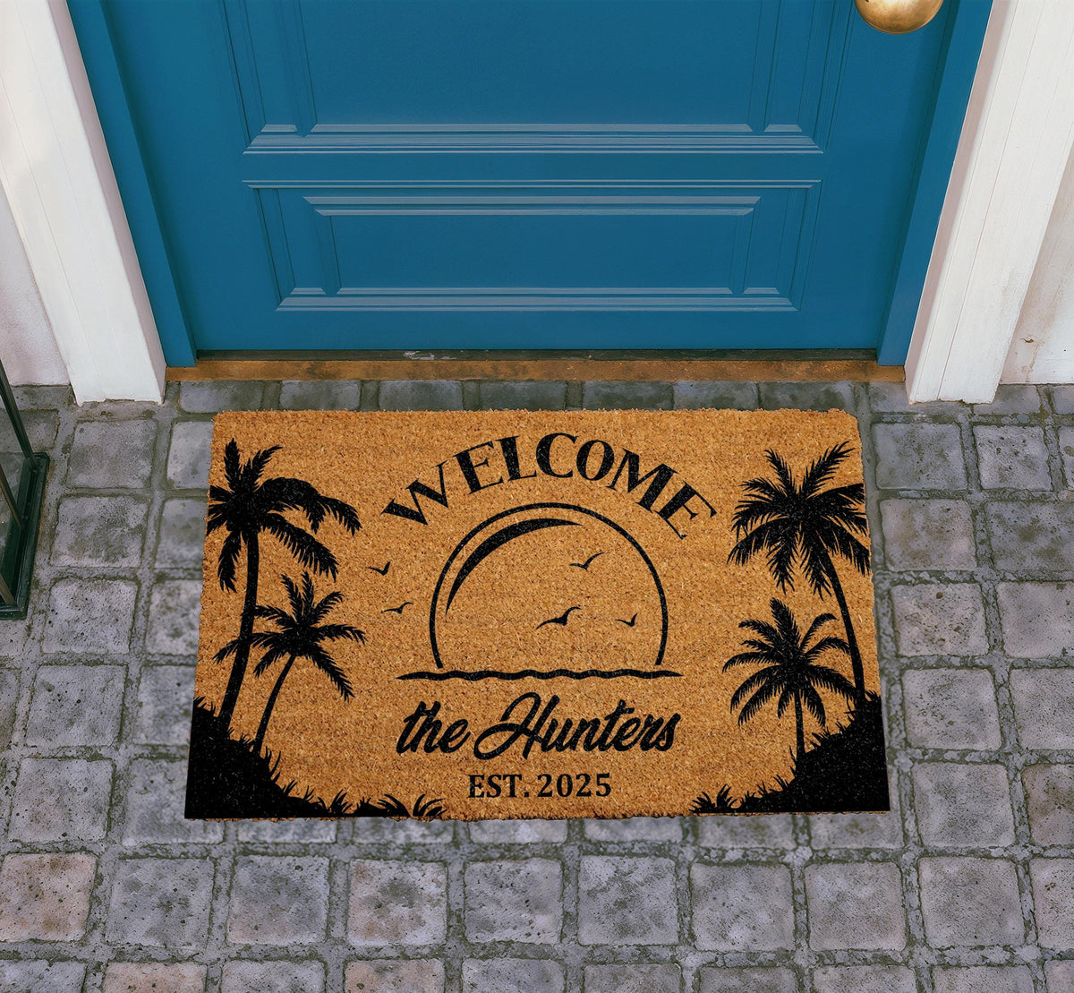 Personalized Tropical Welcome Doormat, Family Name Custom Door Mat, Front Porch Rug, Beach Inspired Coir Mat, Outdoor Entryway Home Decor