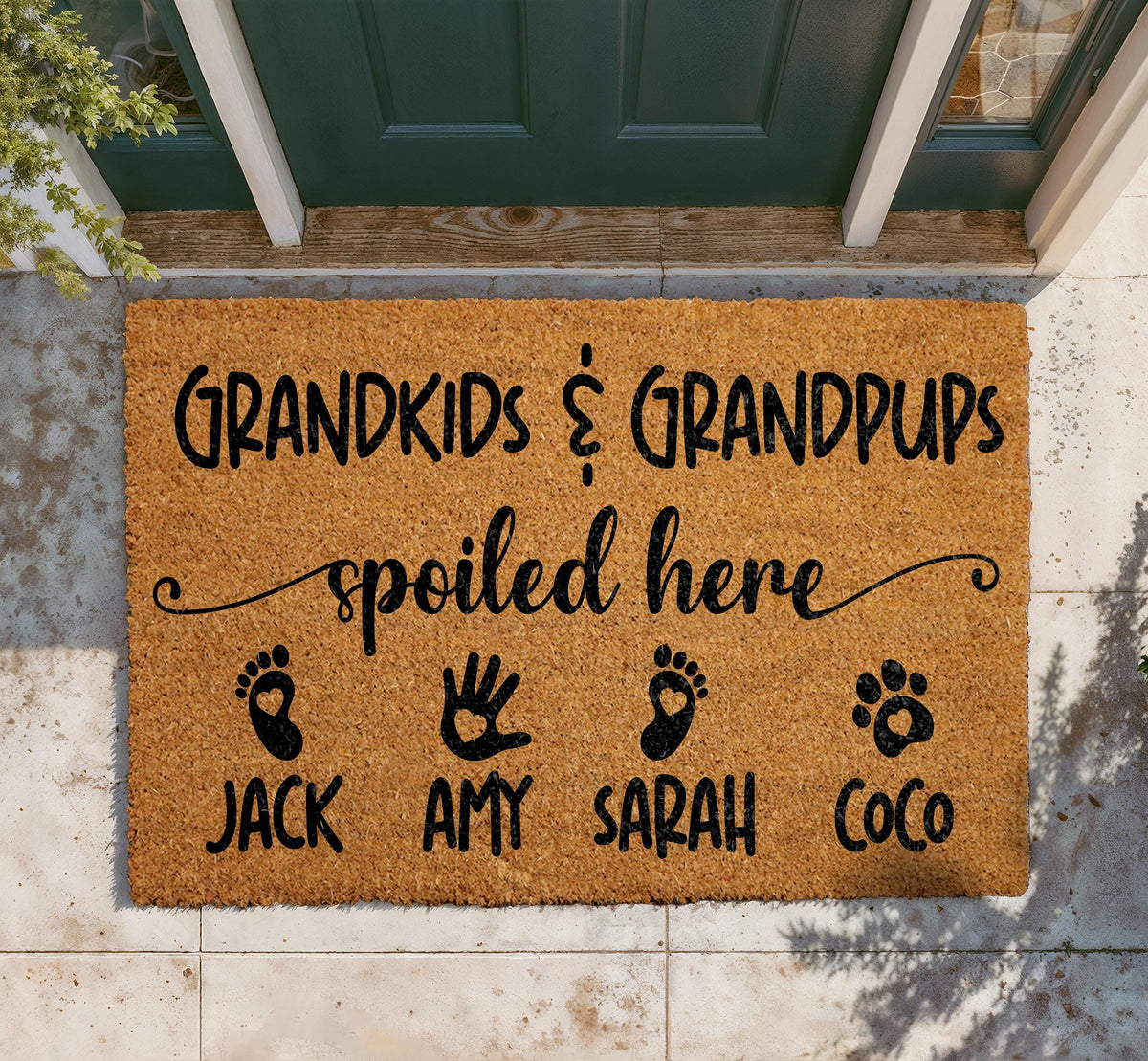 Personalized Grandkids Grandpups Spoiled Here Doormat, Custom Family Names Welcome Mat