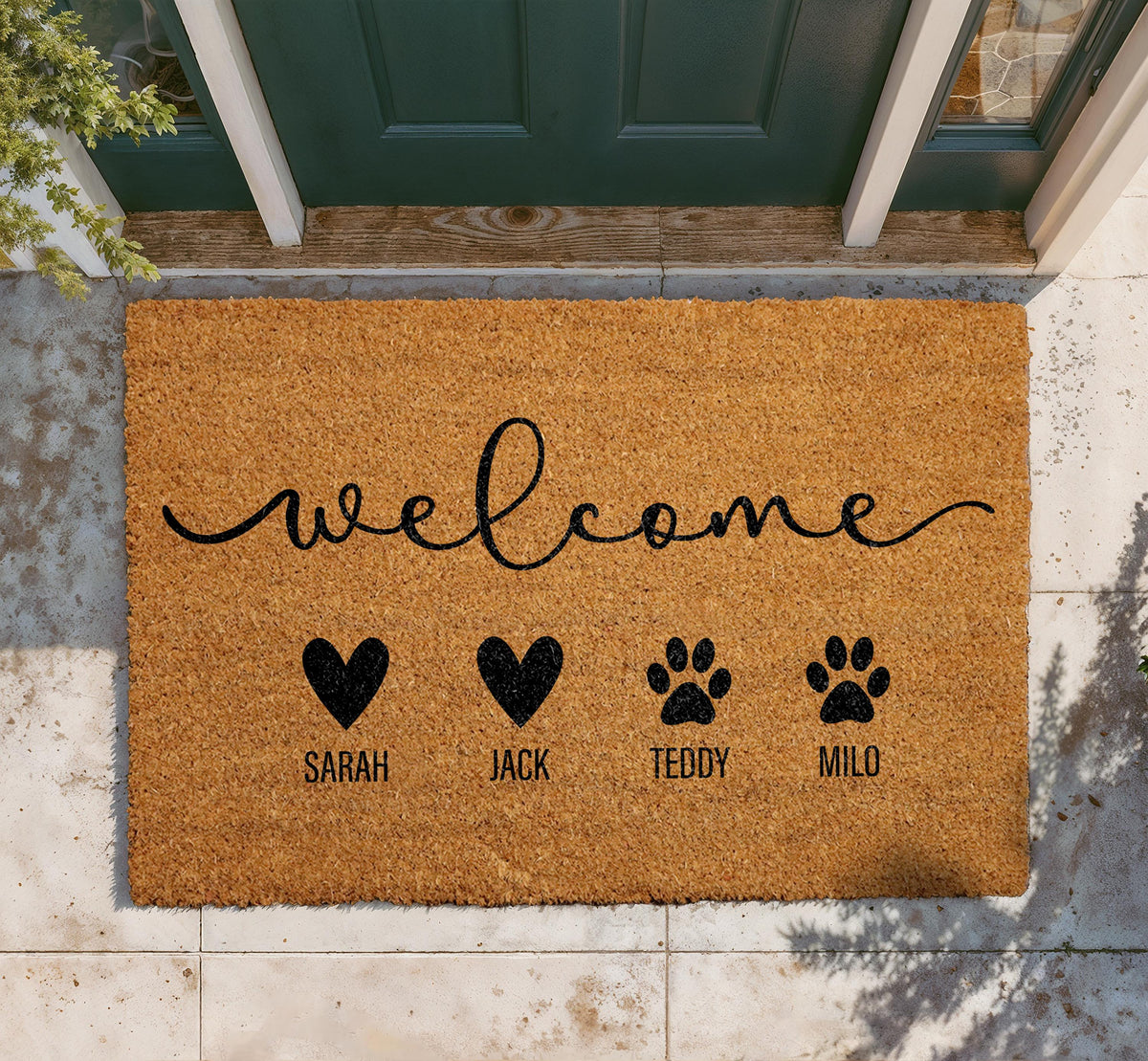 Personalized Family Doormat, Custom Family and Pet Name Welcome Mat, Pet Owner Door Mat, Heart and Paw Print Mat, Family Members Coir Mat