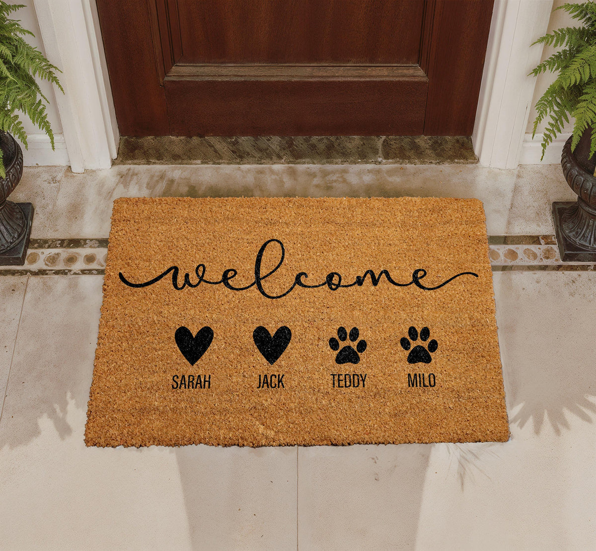 Personalized Family Doormat, Custom Family and Pet Name Welcome Mat, Pet Owner Door Mat, Heart and Paw Print Mat, Family Members Coir Mat