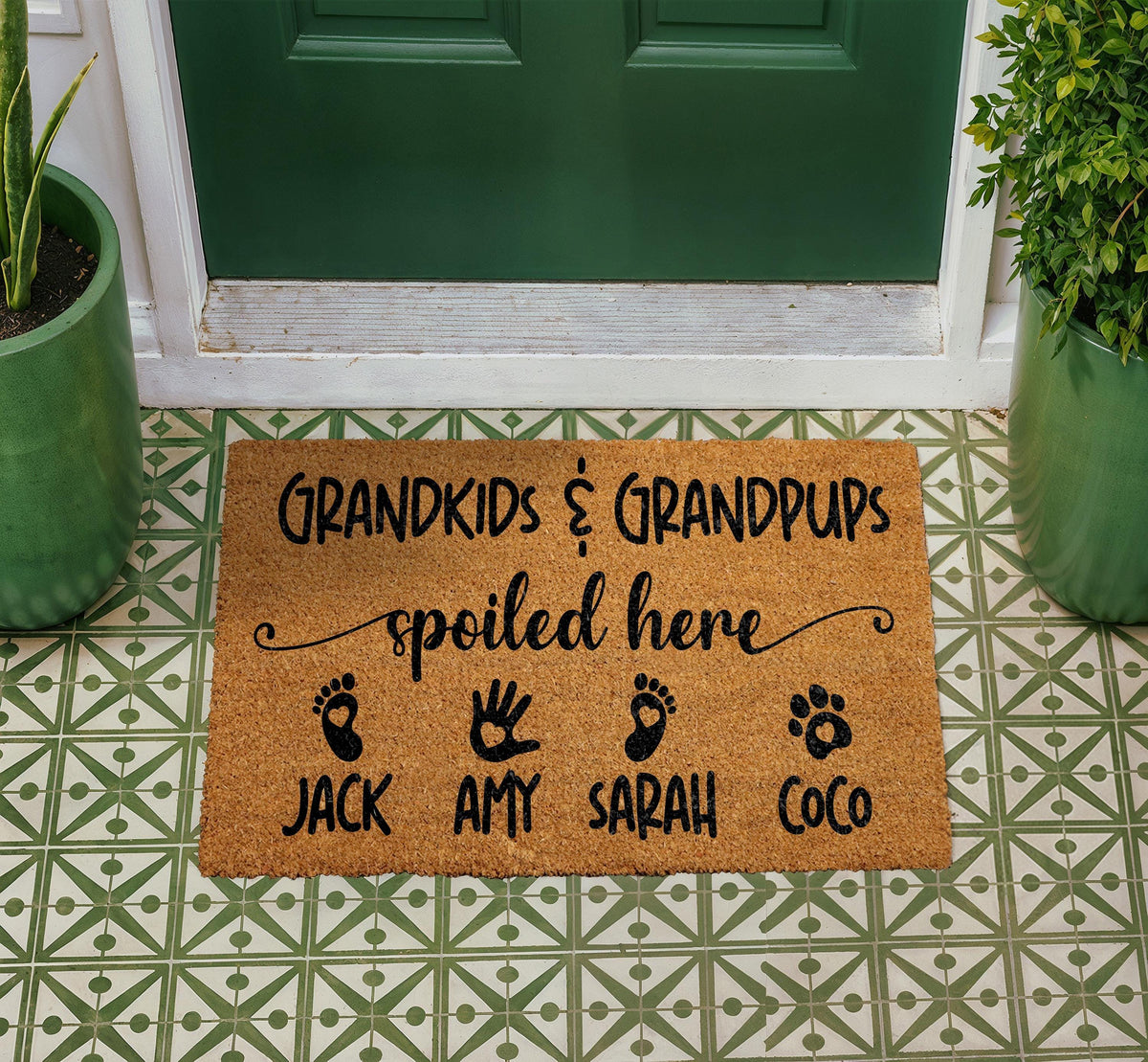 Personalized Grandkids Grandpups Spoiled Here Doormat, Custom Family Names Welcome Mat
