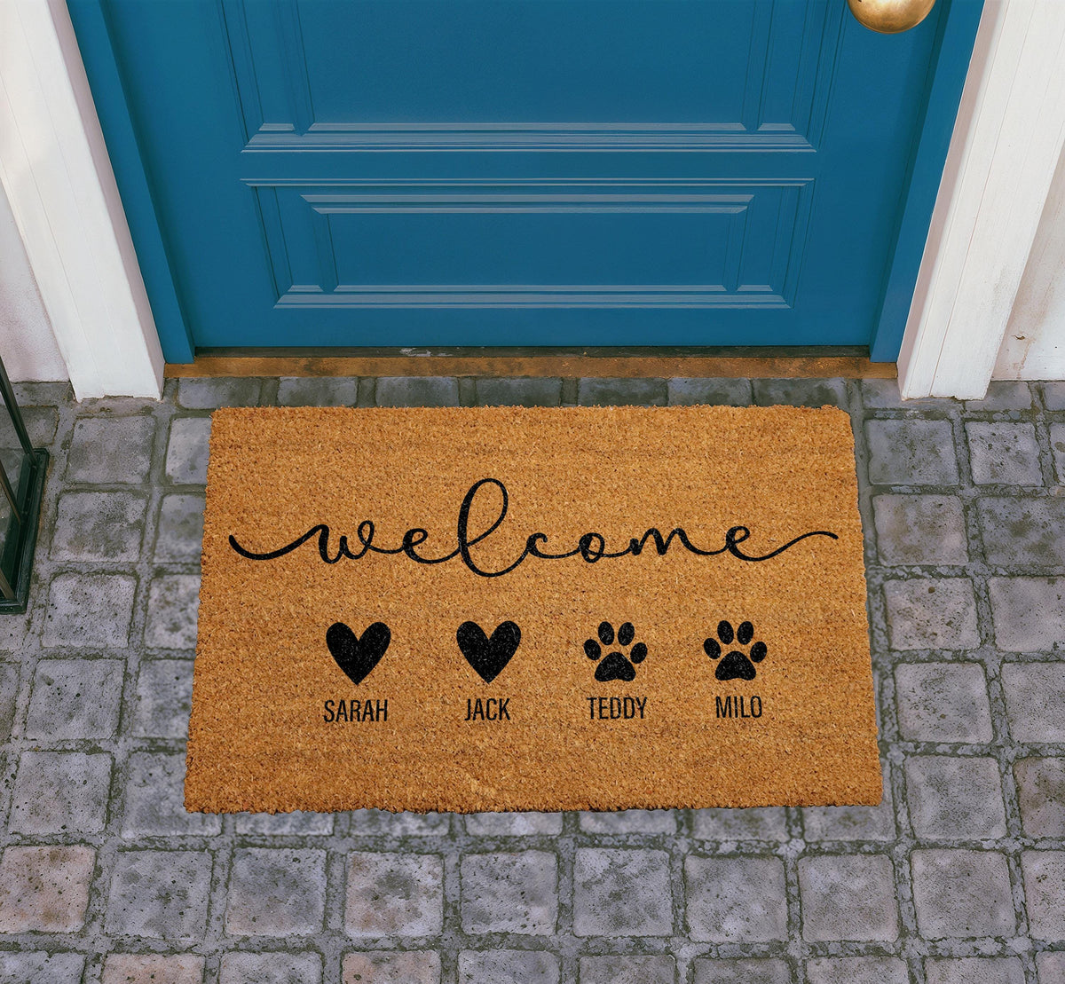 Personalized Family Doormat, Custom Family and Pet Name Welcome Mat, Pet Owner Door Mat, Heart and Paw Print Mat, Family Members Coir Mat