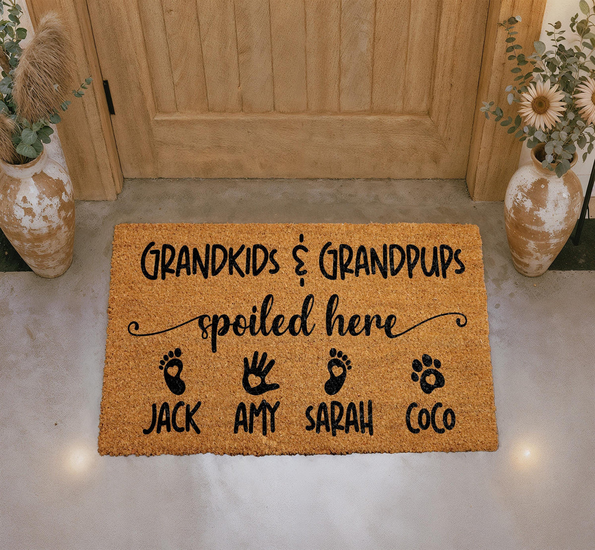 Personalized Grandkids Grandpups Spoiled Here Doormat, Custom Family Names Welcome Mat