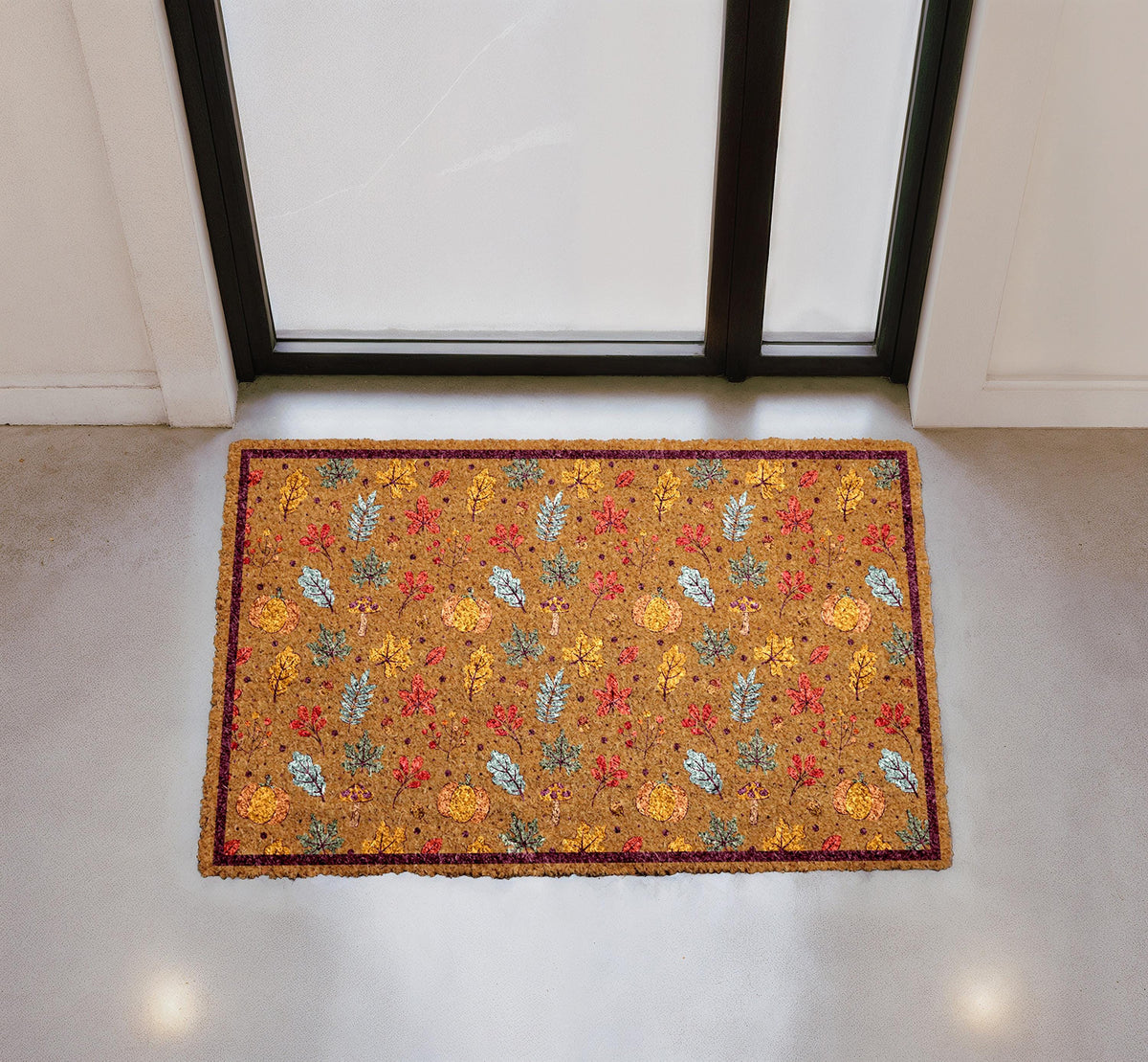 Personalized Fall Leaves Doormat, Autumn Pumpkins Welcome Mat, Natural Coir Rug