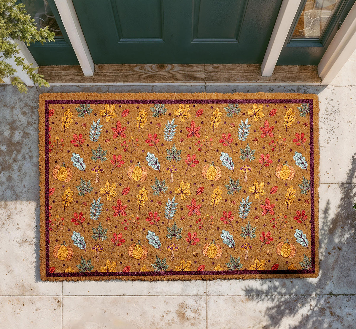 Personalized Fall Leaves Doormat, Autumn Pumpkins Welcome Mat, Natural Coir Rug