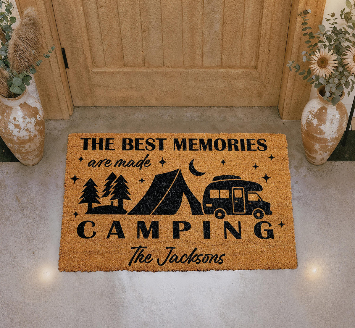Personalized Camping Doormat, RV Welcome Mat, Happy Camper Decor, Nature Lover Entryway Rug