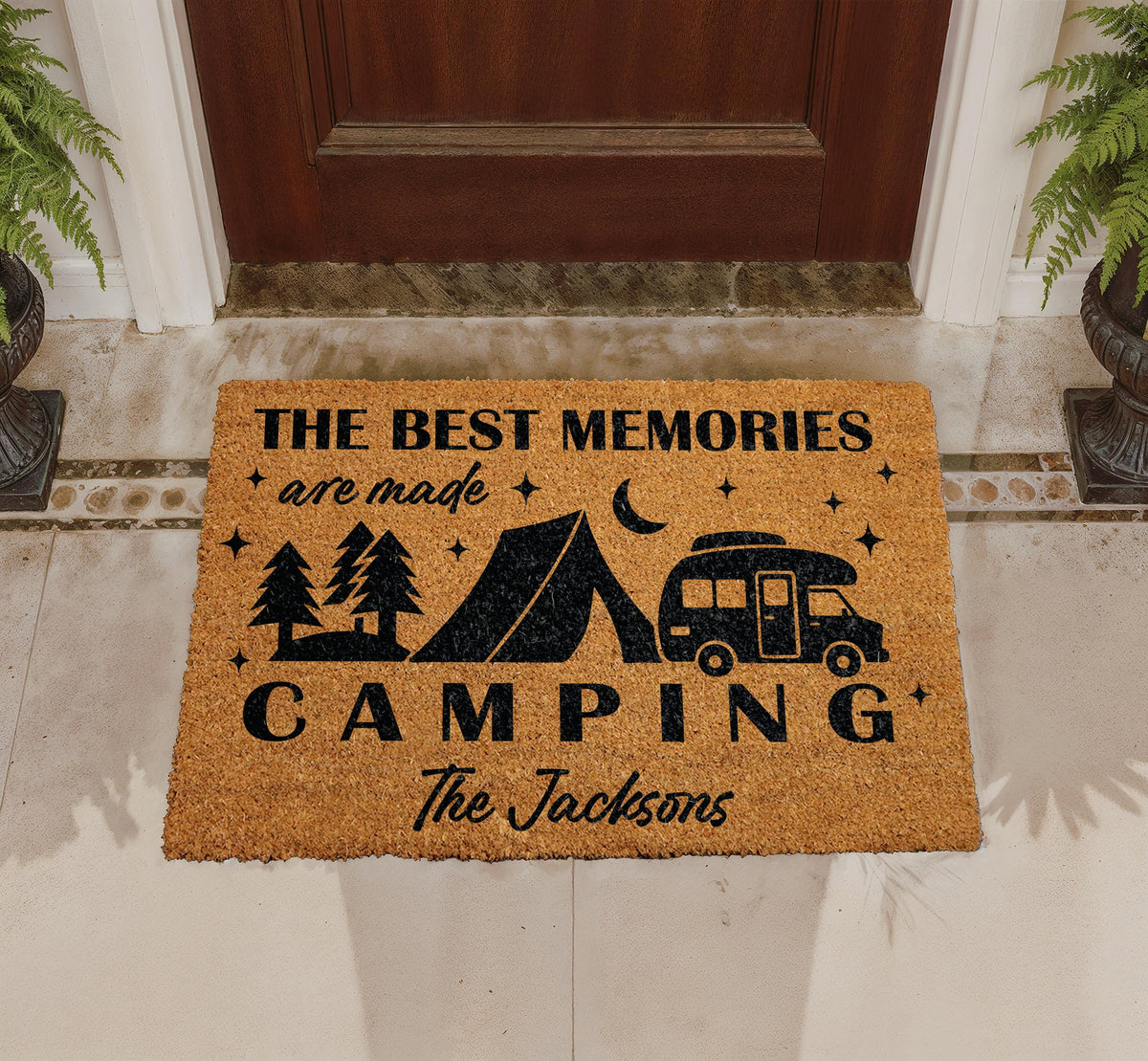 Personalized Camping Doormat, RV Welcome Mat, Happy Camper Decor, Nature Lover Entryway Rug