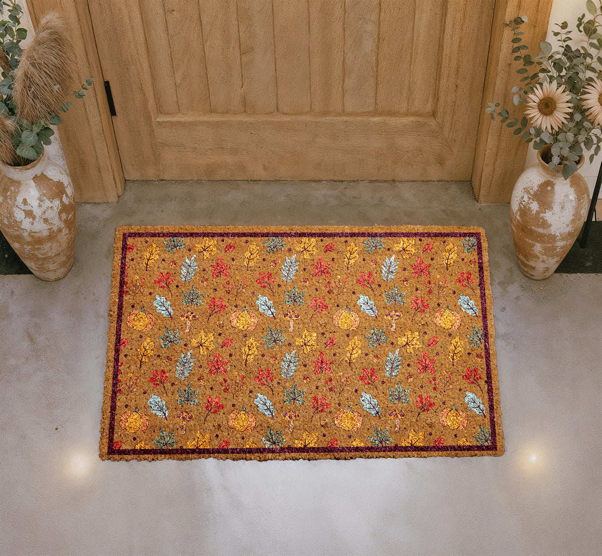 Personalized Fall Leaves Doormat, Autumn Pumpkins Welcome Mat, Natural Coir Rug