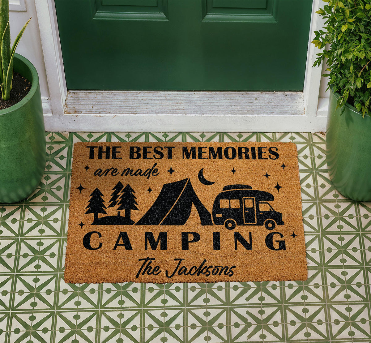 Personalized Camping Doormat, RV Welcome Mat, Happy Camper Decor, Nature Lover Entryway Rug