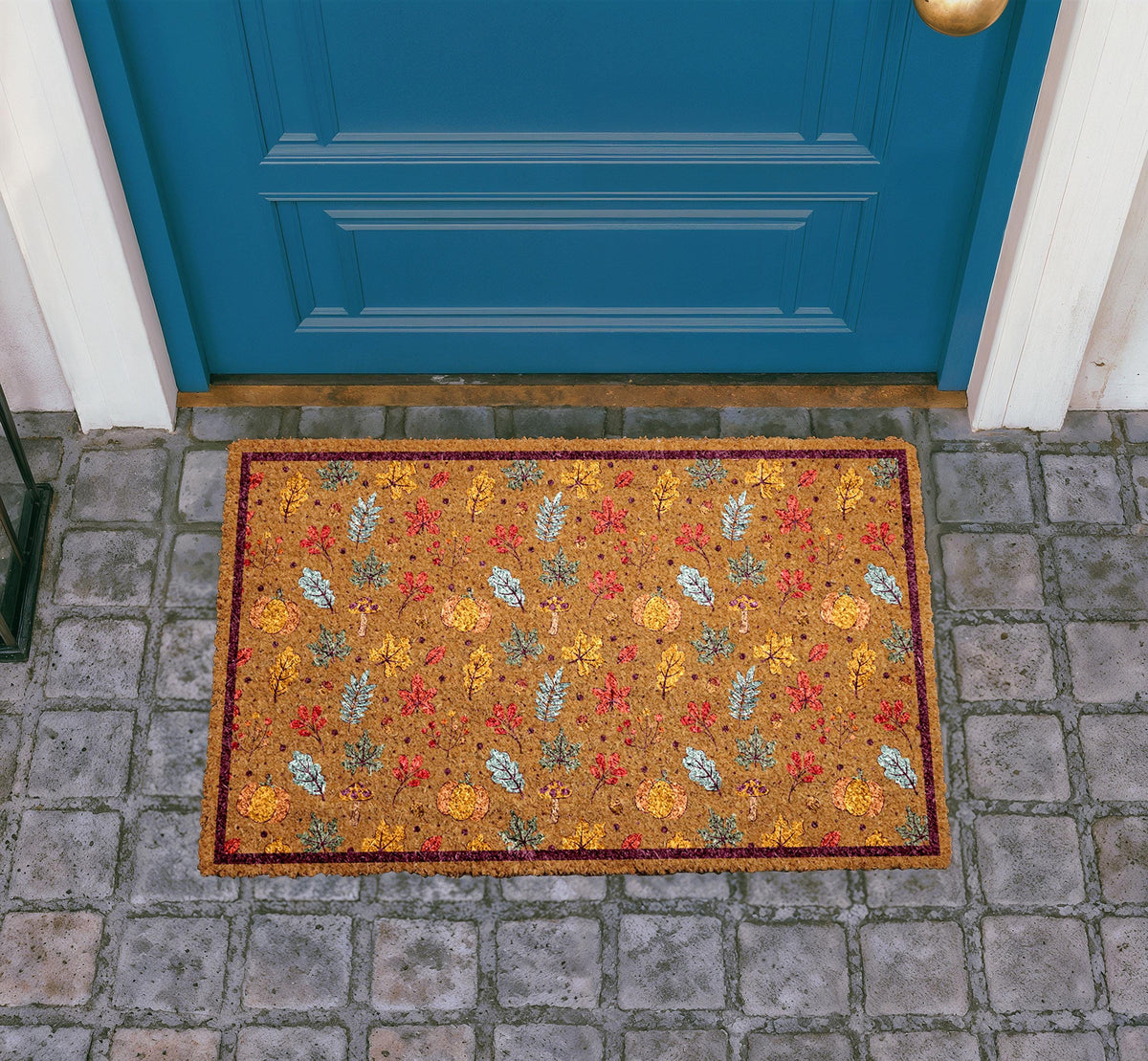 Personalized Fall Leaves Doormat, Autumn Pumpkins Welcome Mat, Natural Coir Rug