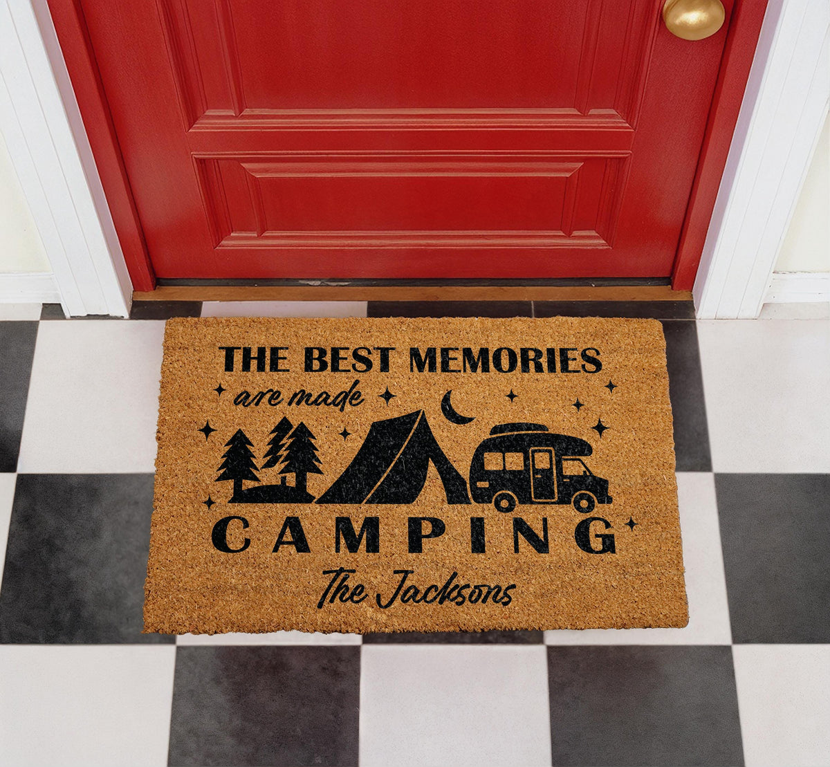 Personalized Camping Doormat, RV Welcome Mat, Happy Camper Decor, Nature Lover Entryway Rug