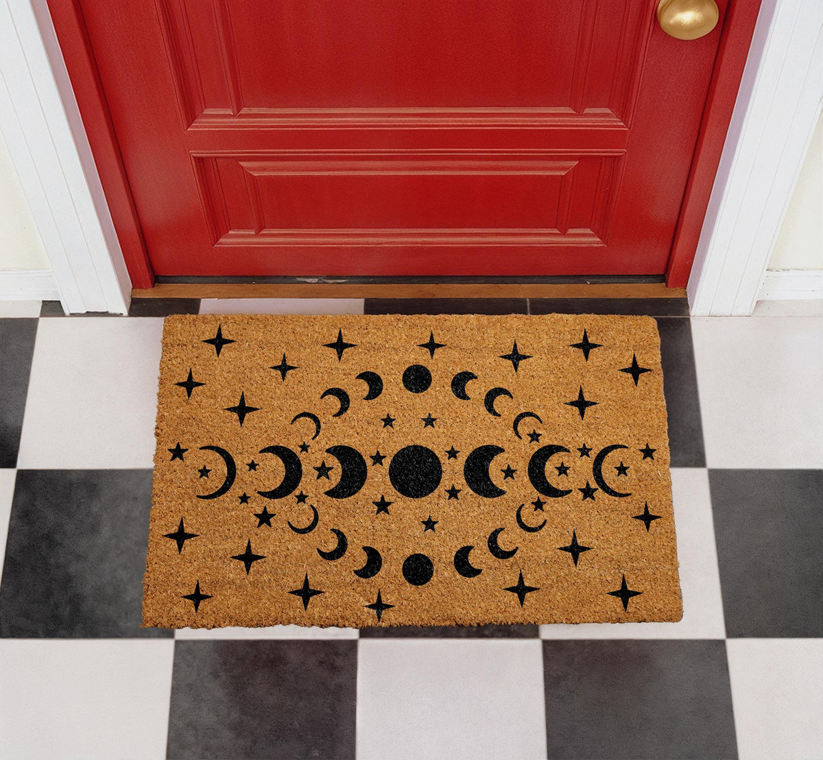 Celestial Moon Phases Stars Doormat, Natural Coir Welcome Mat, Boho Astrology Decor