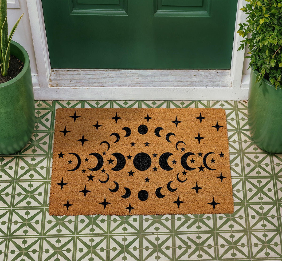 Celestial Moon Phases Stars Doormat, Natural Coir Welcome Mat, Boho Astrology Decor