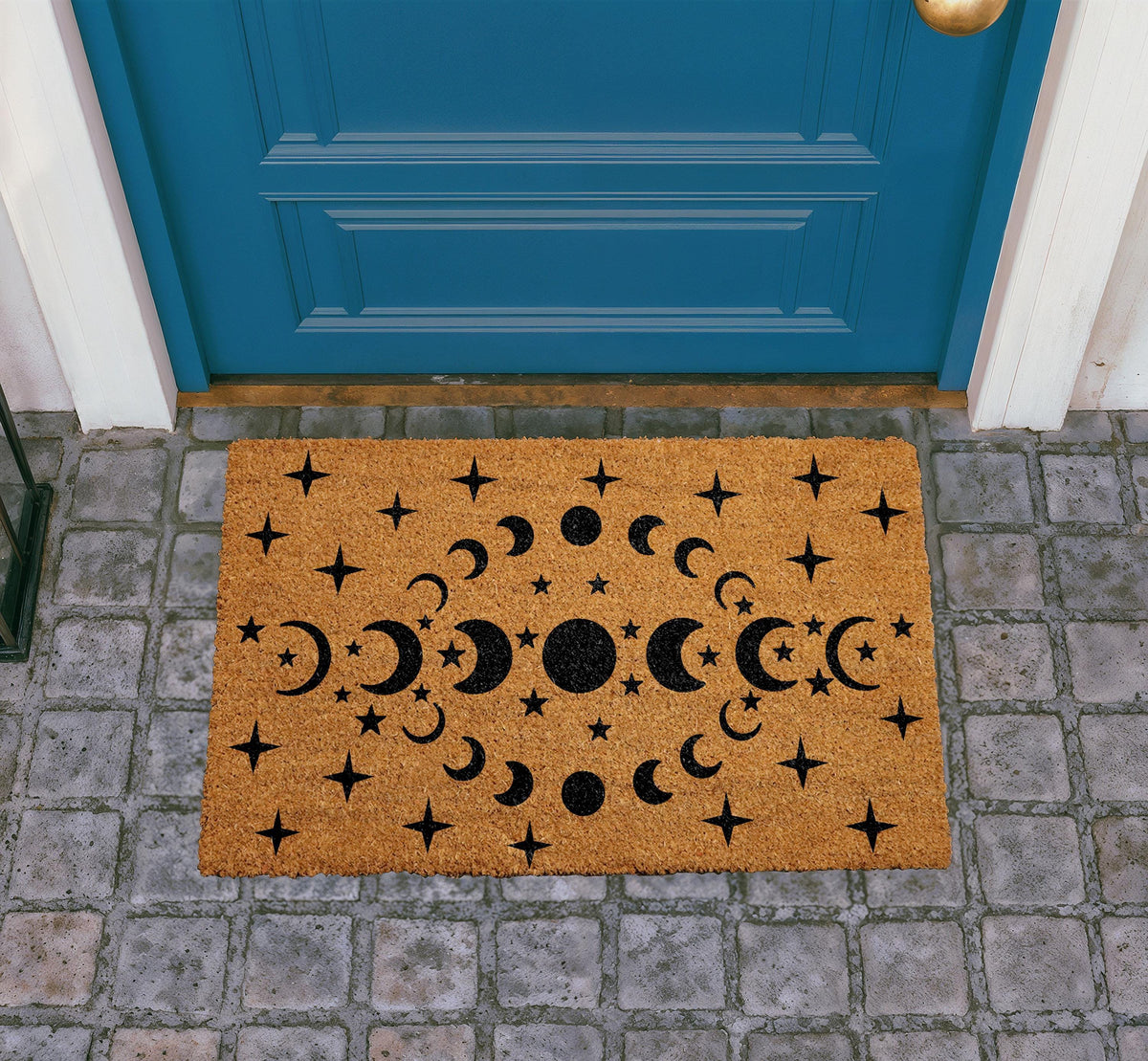 Celestial Moon Phases Stars Doormat, Natural Coir Welcome Mat, Boho Astrology Decor
