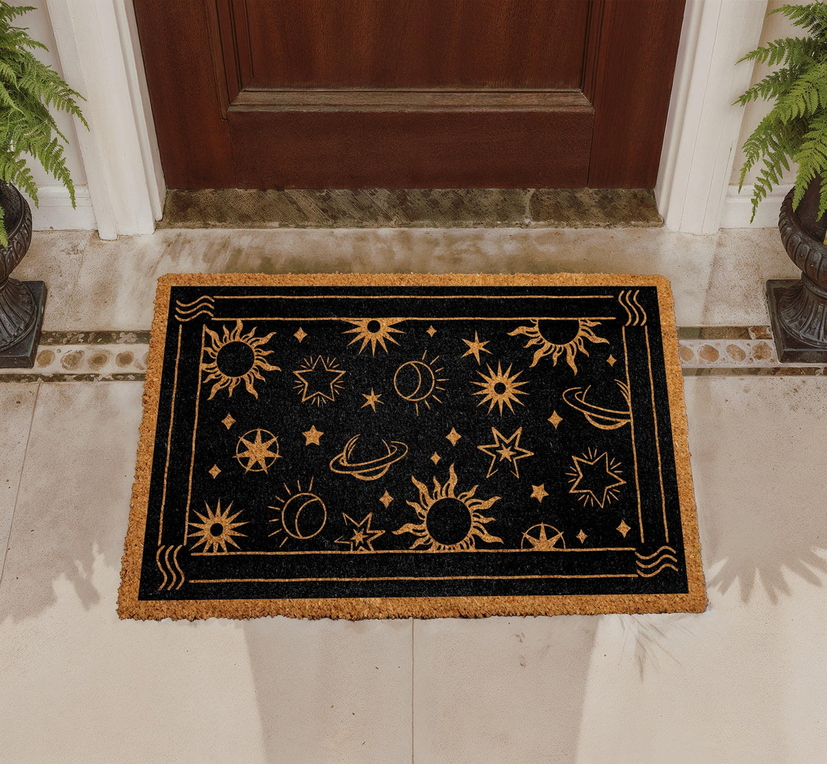 Natural Coir Doormat, Celestial Sun Moon Stars Design, Mystical Welcome Mat