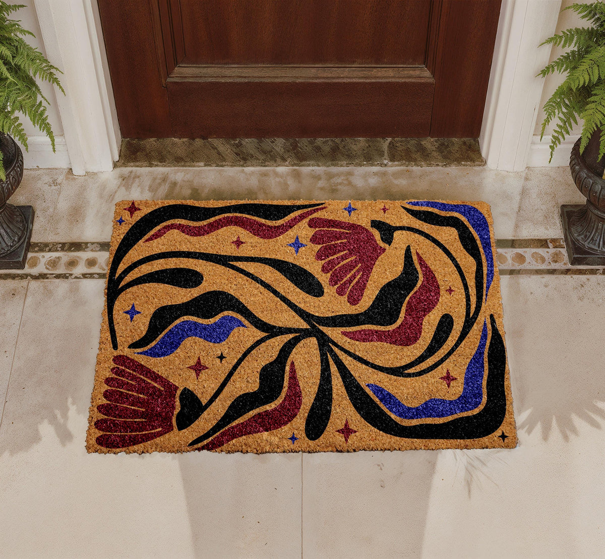 Abstract Floral Doormat, Colorful Modern Botanical Entry Rug, Artistic Coir Welcome Mat