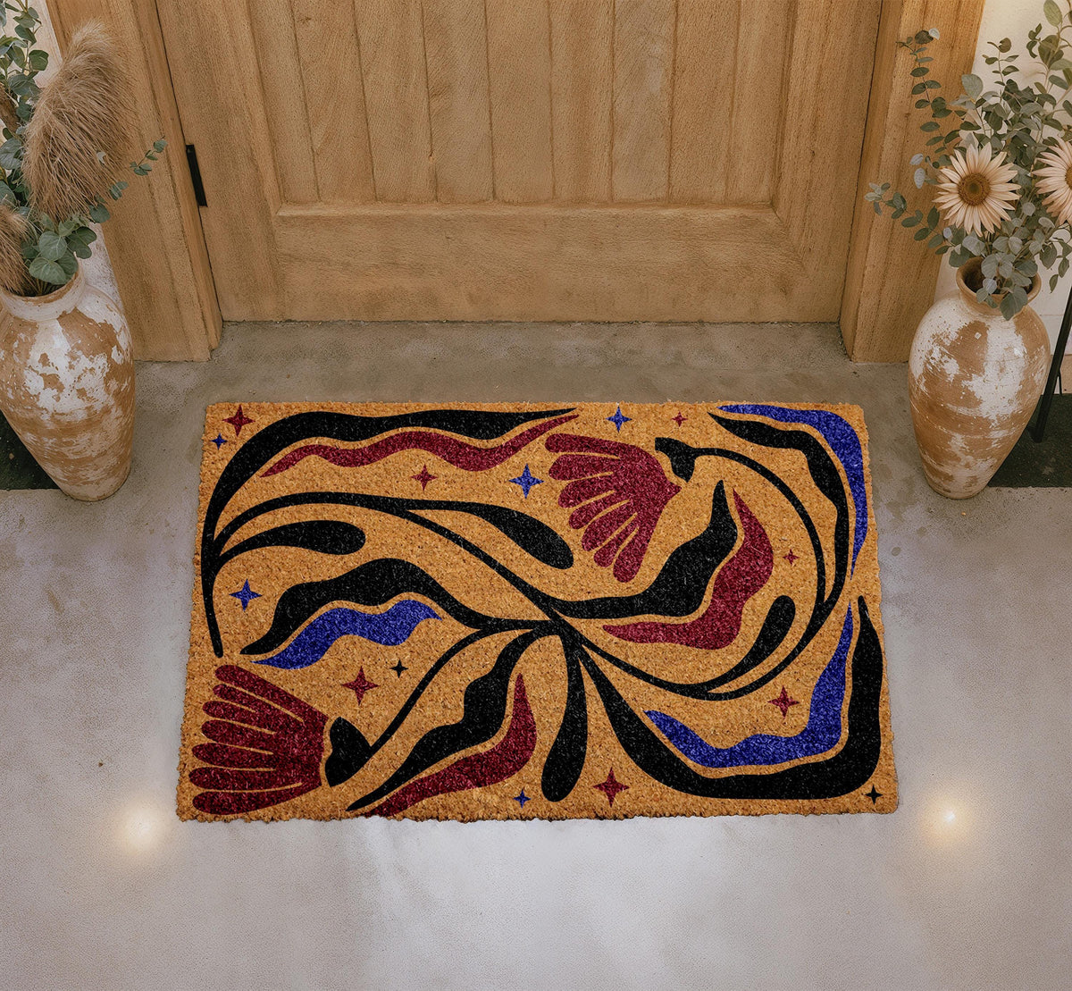 Abstract Floral Doormat, Colorful Modern Botanical Entry Rug, Artistic Coir Welcome Mat