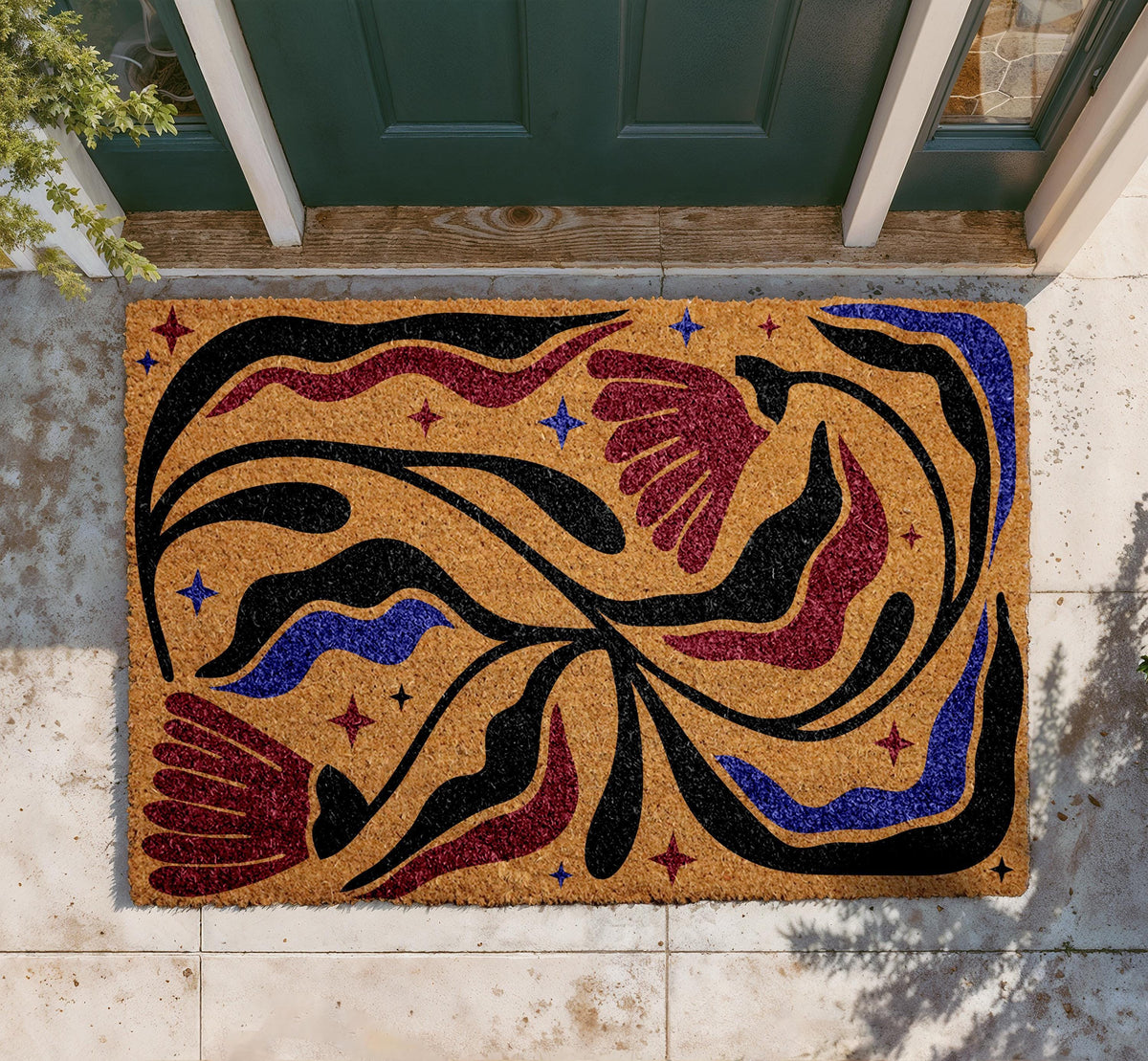 Abstract Floral Doormat, Colorful Modern Botanical Entry Rug, Artistic Coir Welcome Mat