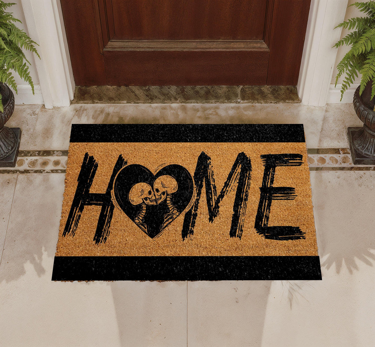 Skeleton Love Heart Coir Doormat, Gothic Romantic Welcome Mat