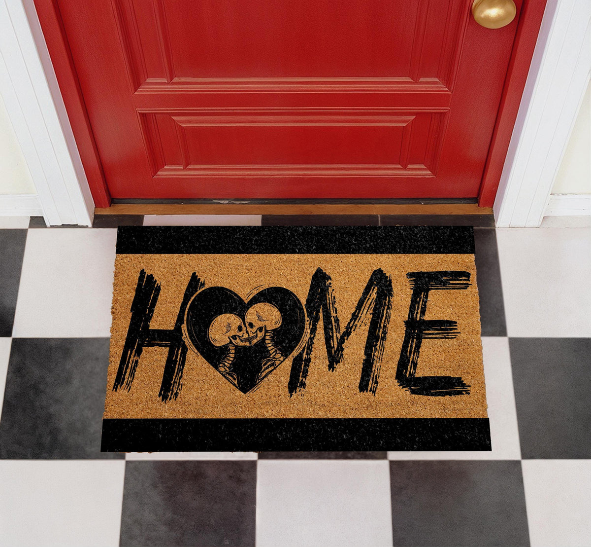 Skeleton Love Heart Coir Doormat, Gothic Romantic Welcome Mat
