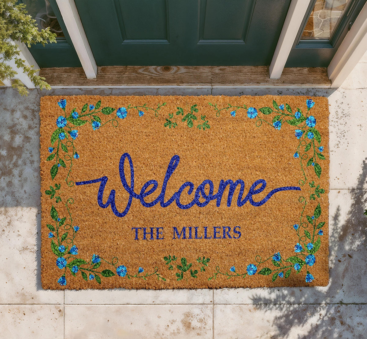Personalized Floral Coir Door Mat, Custom Family Name Welcome Mat, Elegant Porch Decor