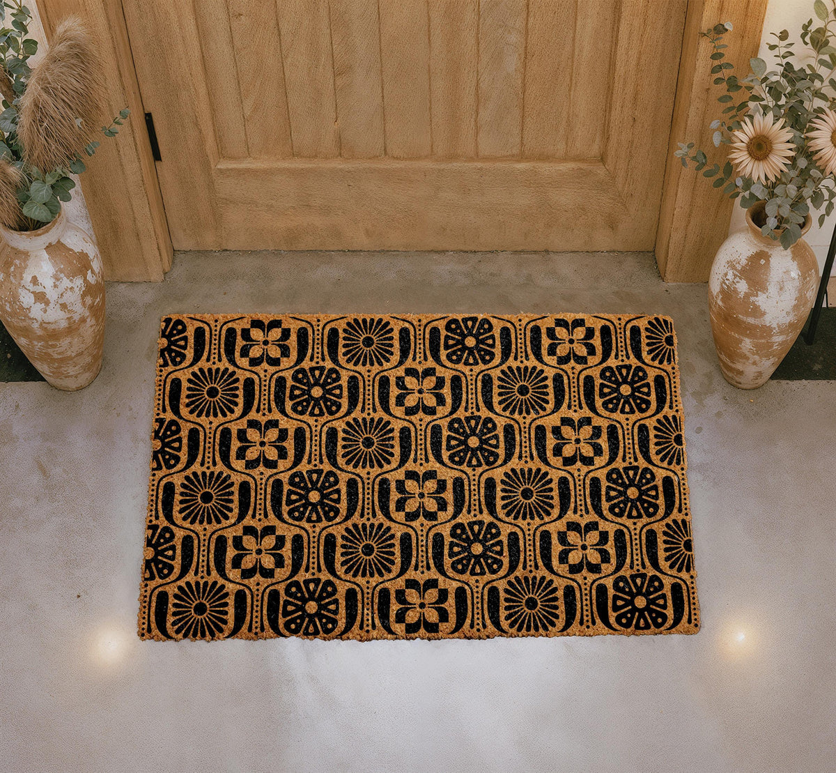 Personalized Coir Doormat, Floral Welcome Mat, Mid-Century Modern Entry Rug