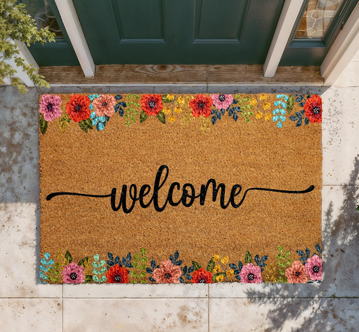 Personalized Floral Coir Doormat, Boho Welcome Mat, Outdoor Entryway Rug