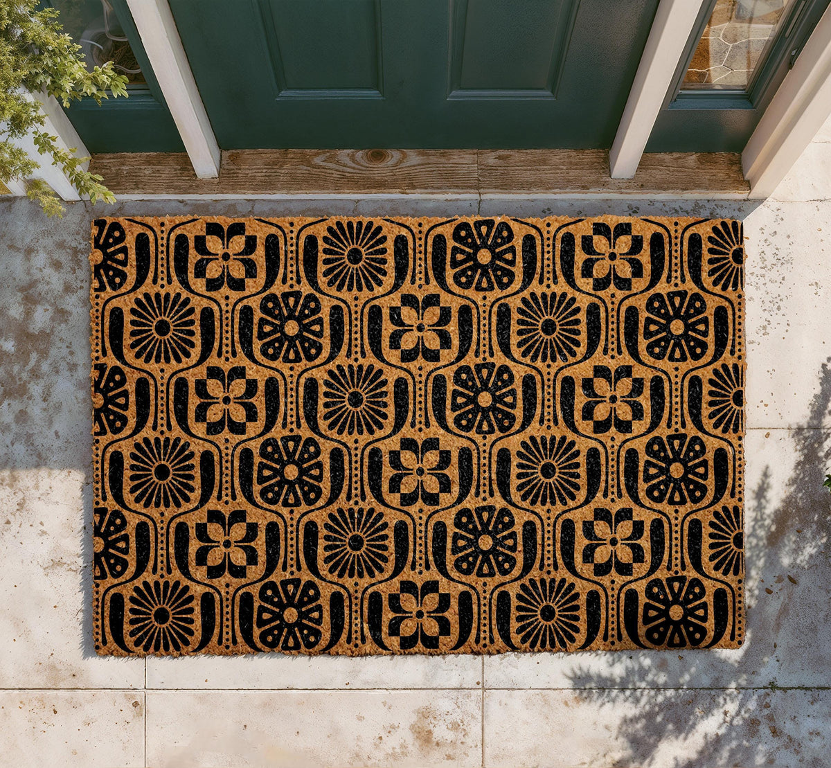 Personalized Coir Doormat, Floral Welcome Mat, Mid-Century Modern Entry Rug