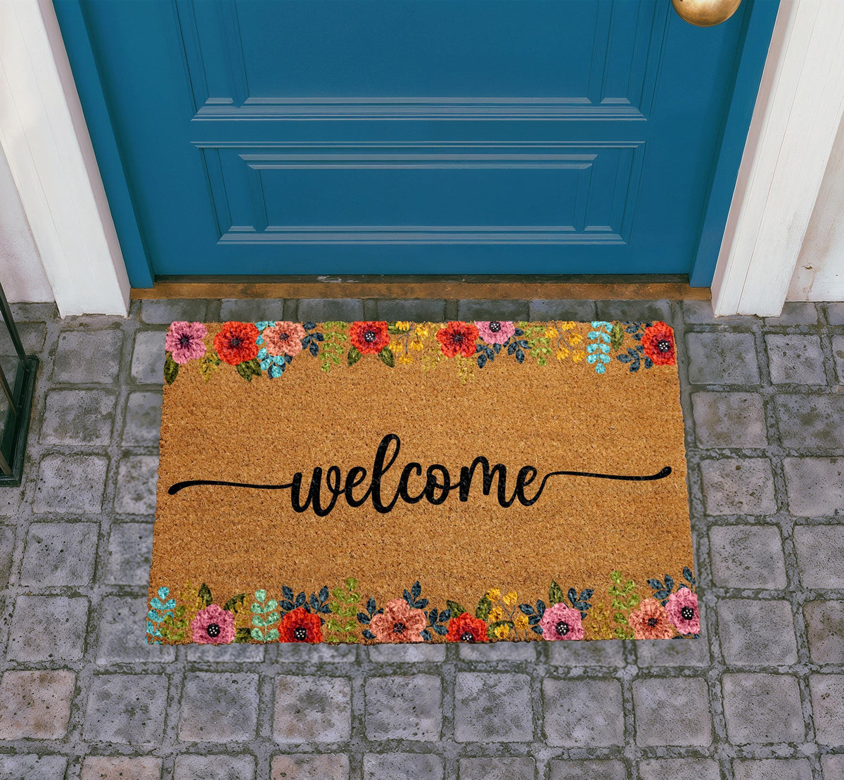 Personalized Floral Coir Doormat, Boho Welcome Mat, Outdoor Entryway Rug