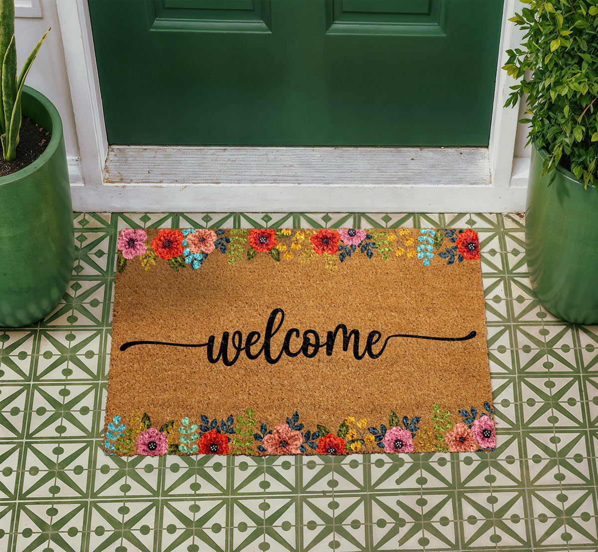 Personalized Floral Coir Doormat, Boho Welcome Mat, Outdoor Entryway Rug