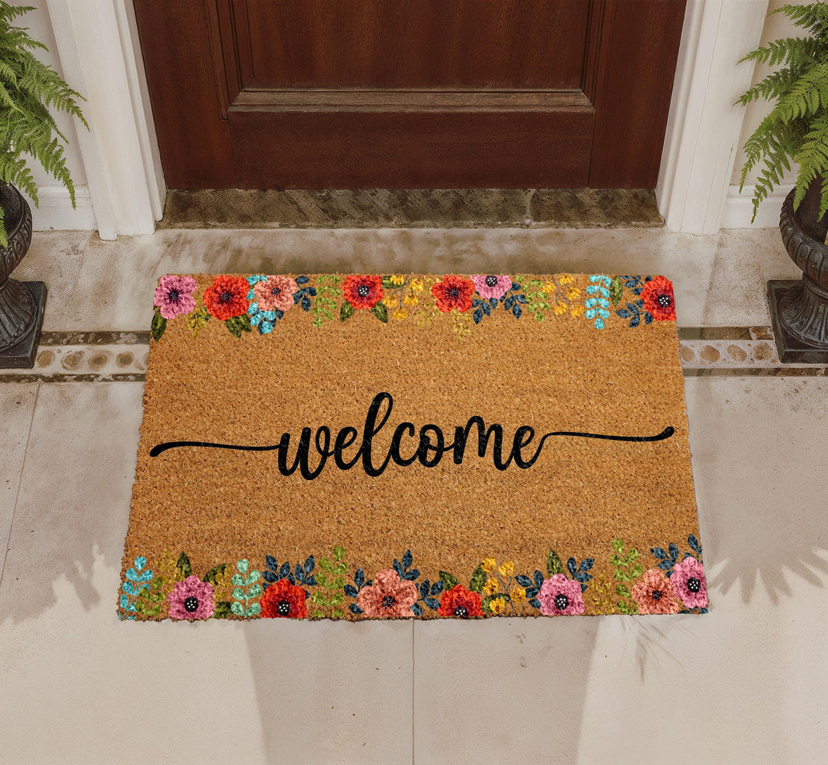 Personalized Floral Coir Doormat, Boho Welcome Mat, Outdoor Entryway Rug