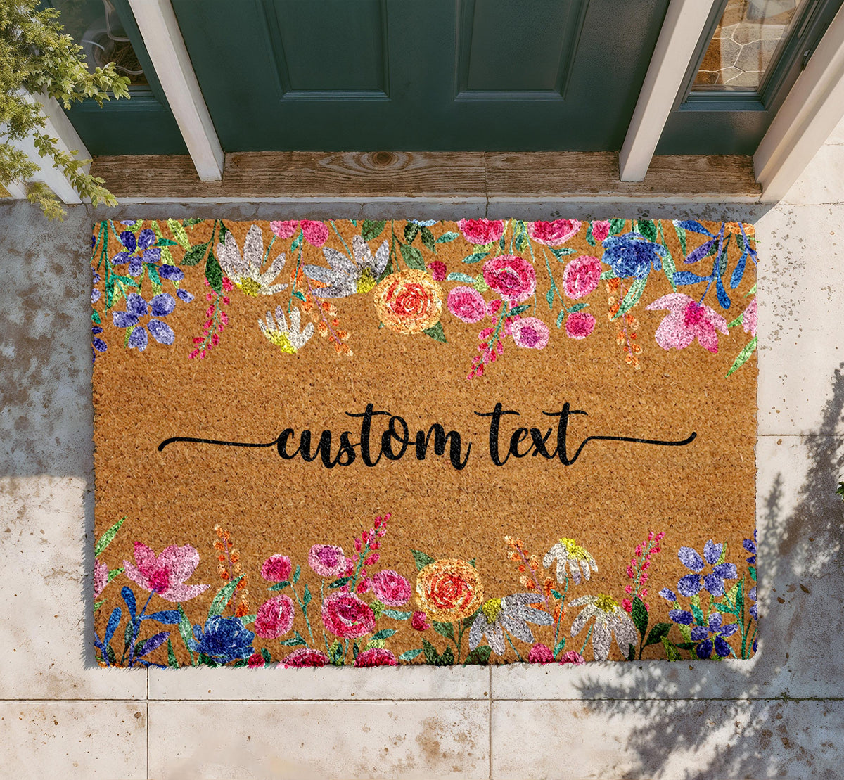 Custom Floral Coir Doormat, Personalized Welcome Mat, Boho Entryway Decor