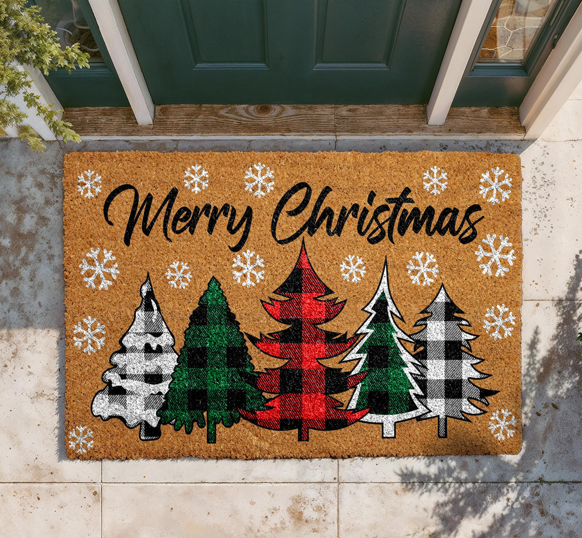 Merry Christmas Coir Doormat, Xmas Tree Welcome Mat, Buffalo Plaid Trees Door Mat, Seasonal Outdoor Entryway Rug, Festive Front Porch Decor