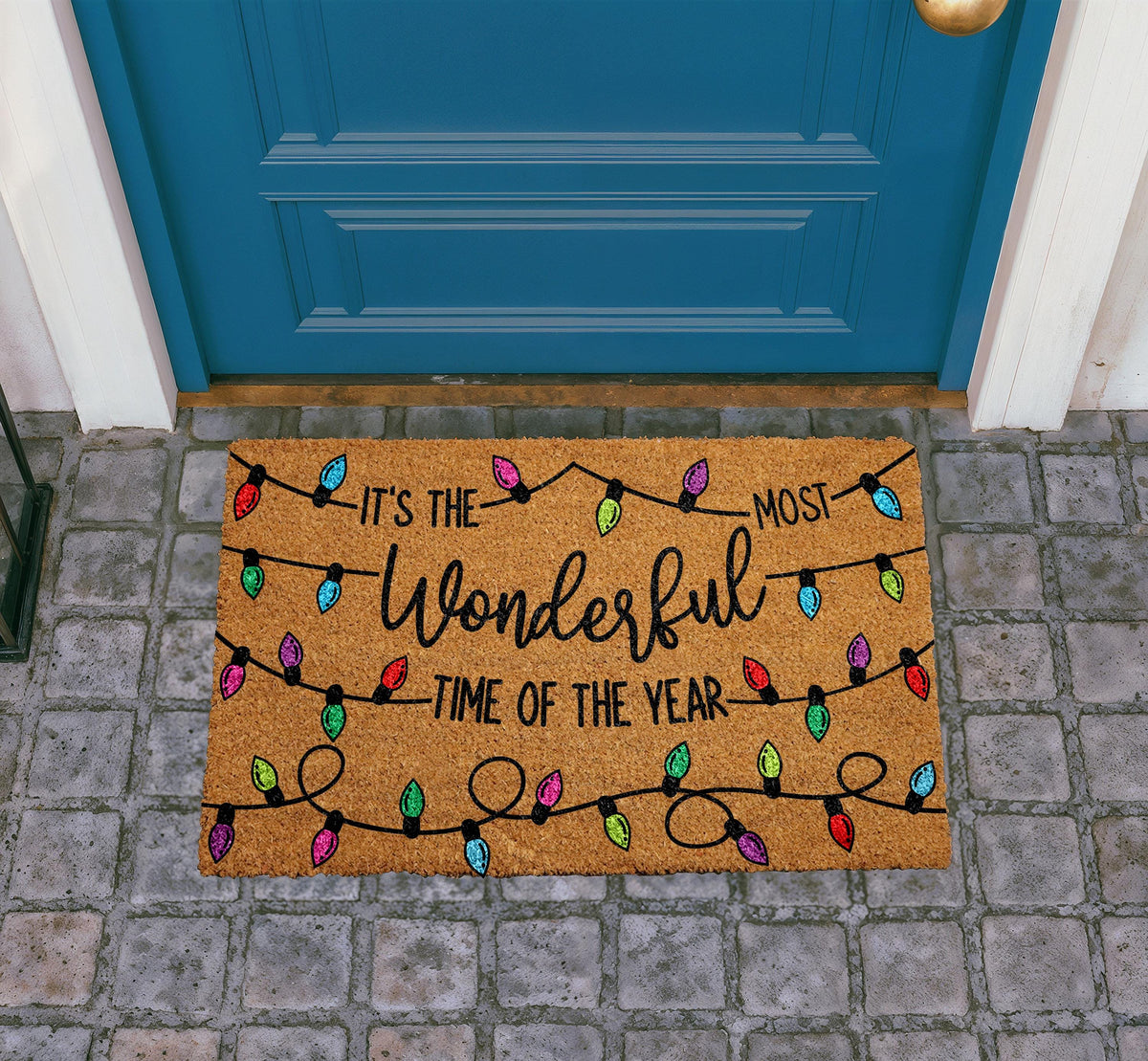Personalized Coir Doormat, Christmas Lights Welcome Mat, Holiday Entryway Rugs