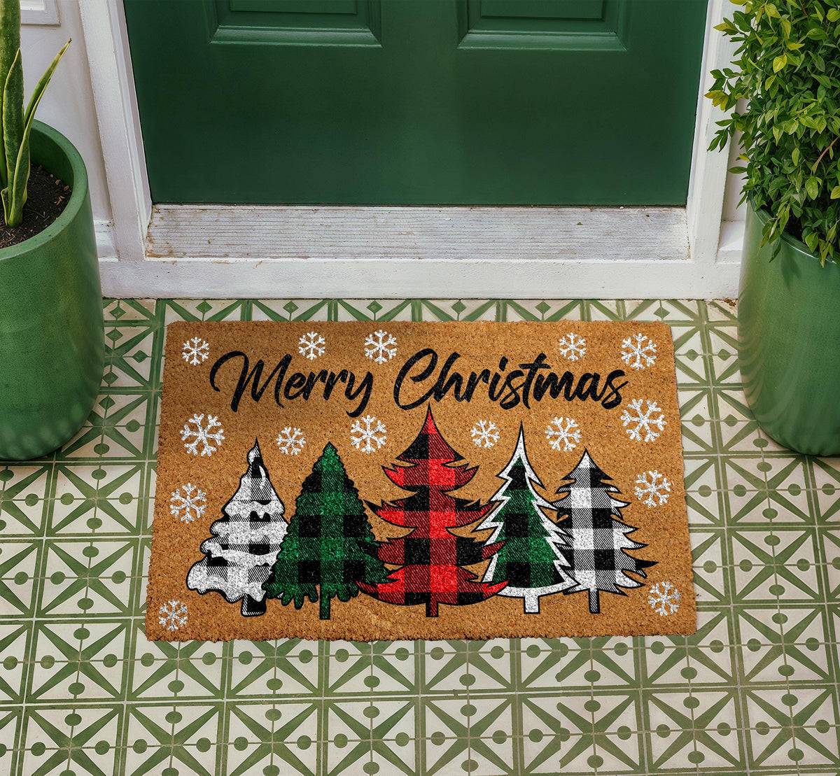 Merry Christmas Coir Doormat, Xmas Tree Welcome Mat, Buffalo Plaid Trees Door Mat, Seasonal Outdoor Entryway Rug, Festive Front Porch Decor