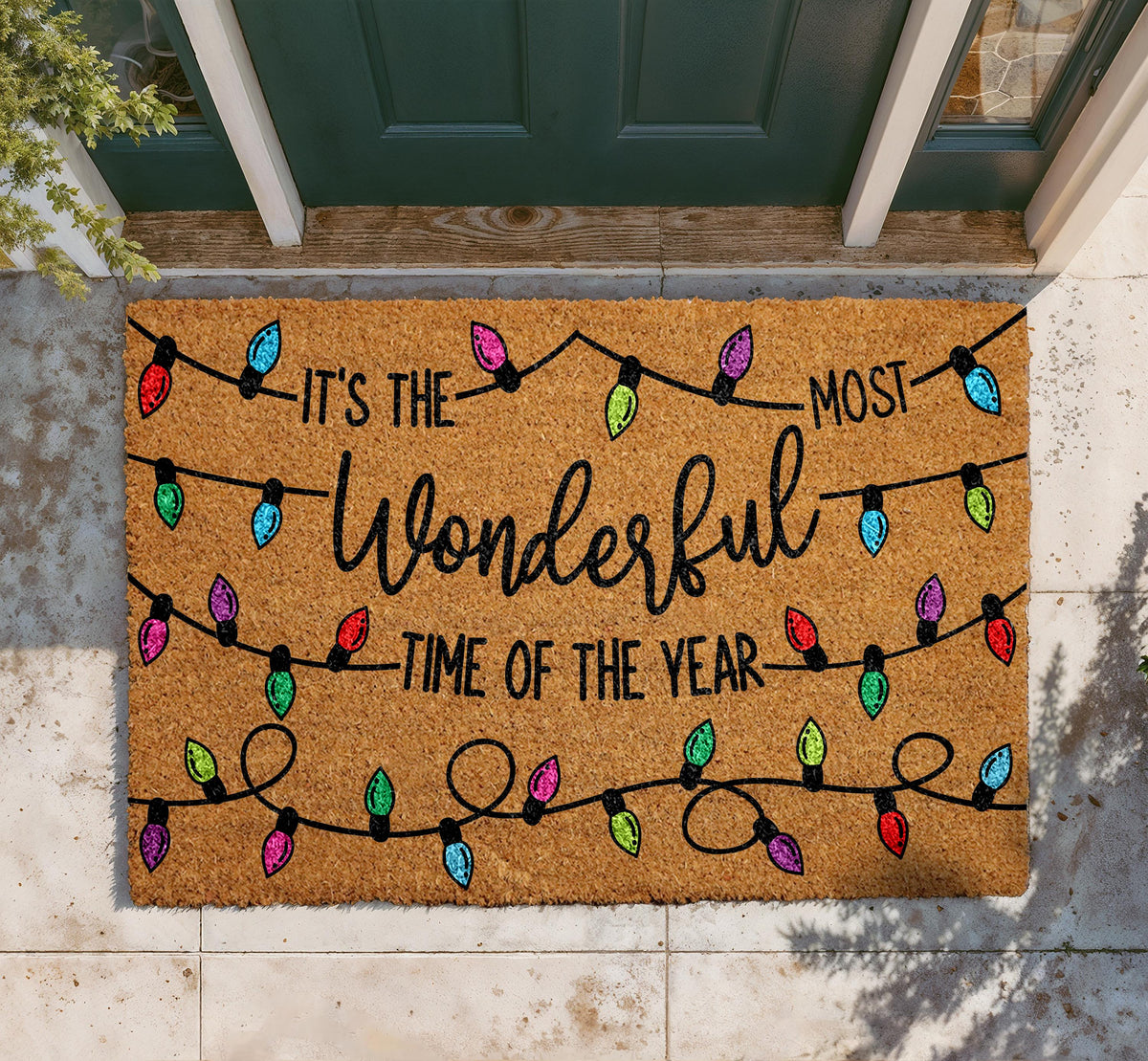 Personalized Coir Doormat, Christmas Lights Welcome Mat, Holiday Entryway Rugs