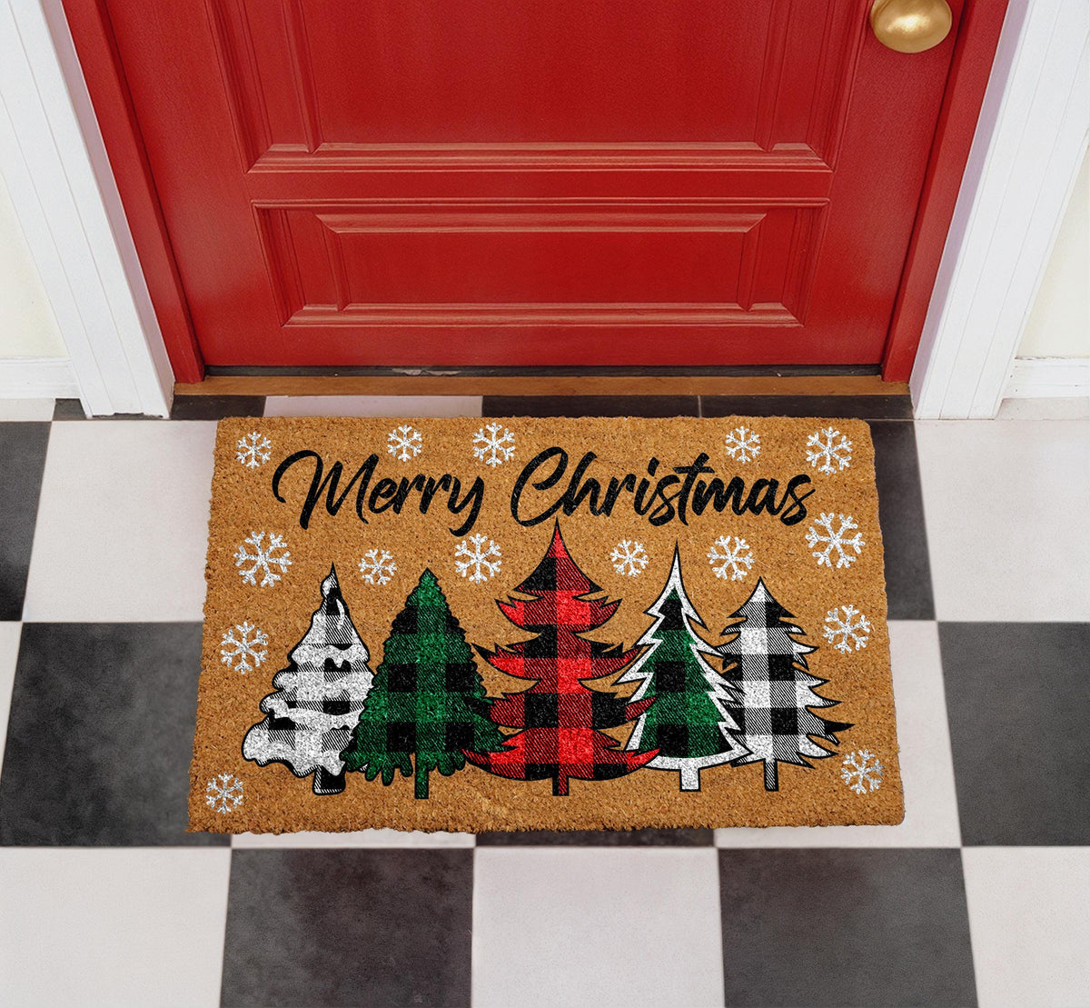 Merry Christmas Coir Doormat, Xmas Tree Welcome Mat, Buffalo Plaid Trees Door Mat, Seasonal Outdoor Entryway Rug, Festive Front Porch Decor