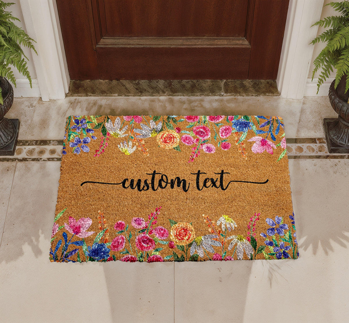 Custom Floral Coir Doormat, Personalized Welcome Mat, Boho Entryway Decor