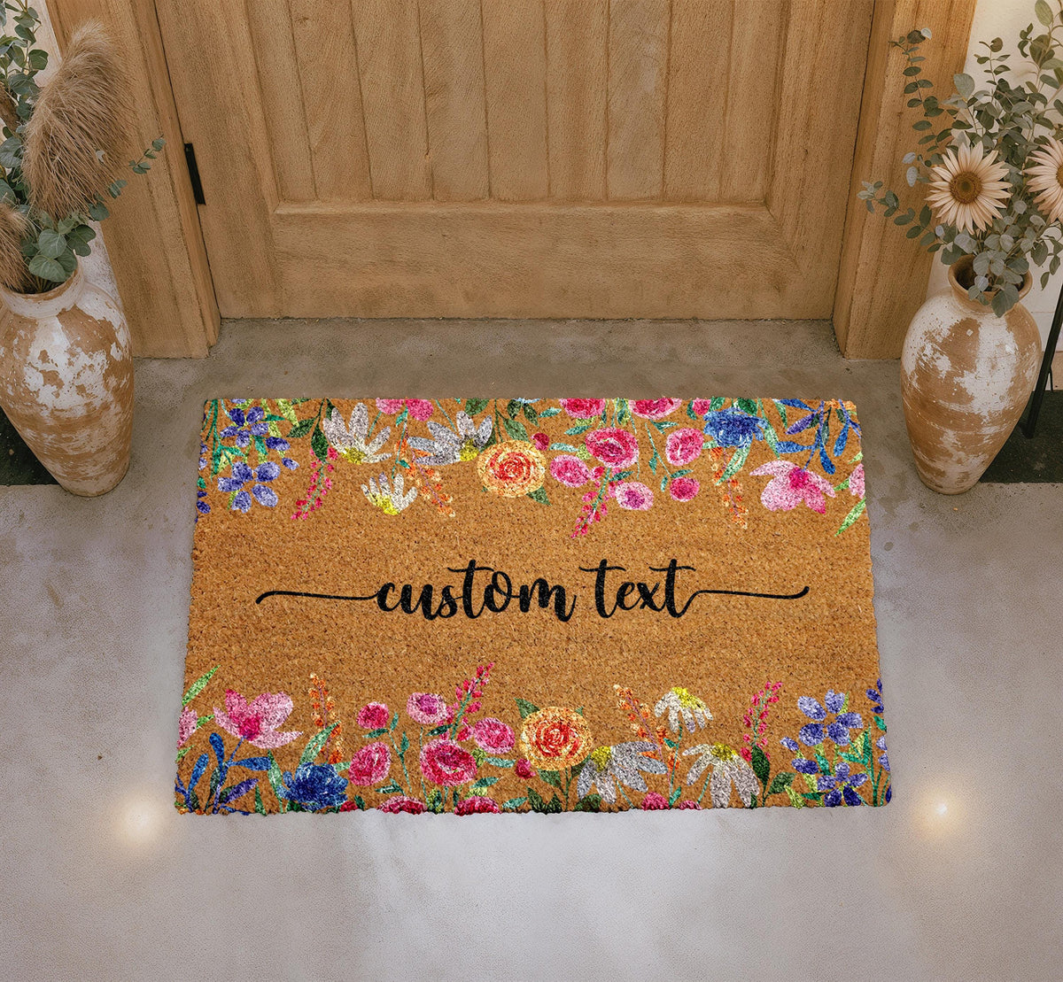 Custom Floral Coir Doormat, Personalized Welcome Mat, Boho Entryway Decor