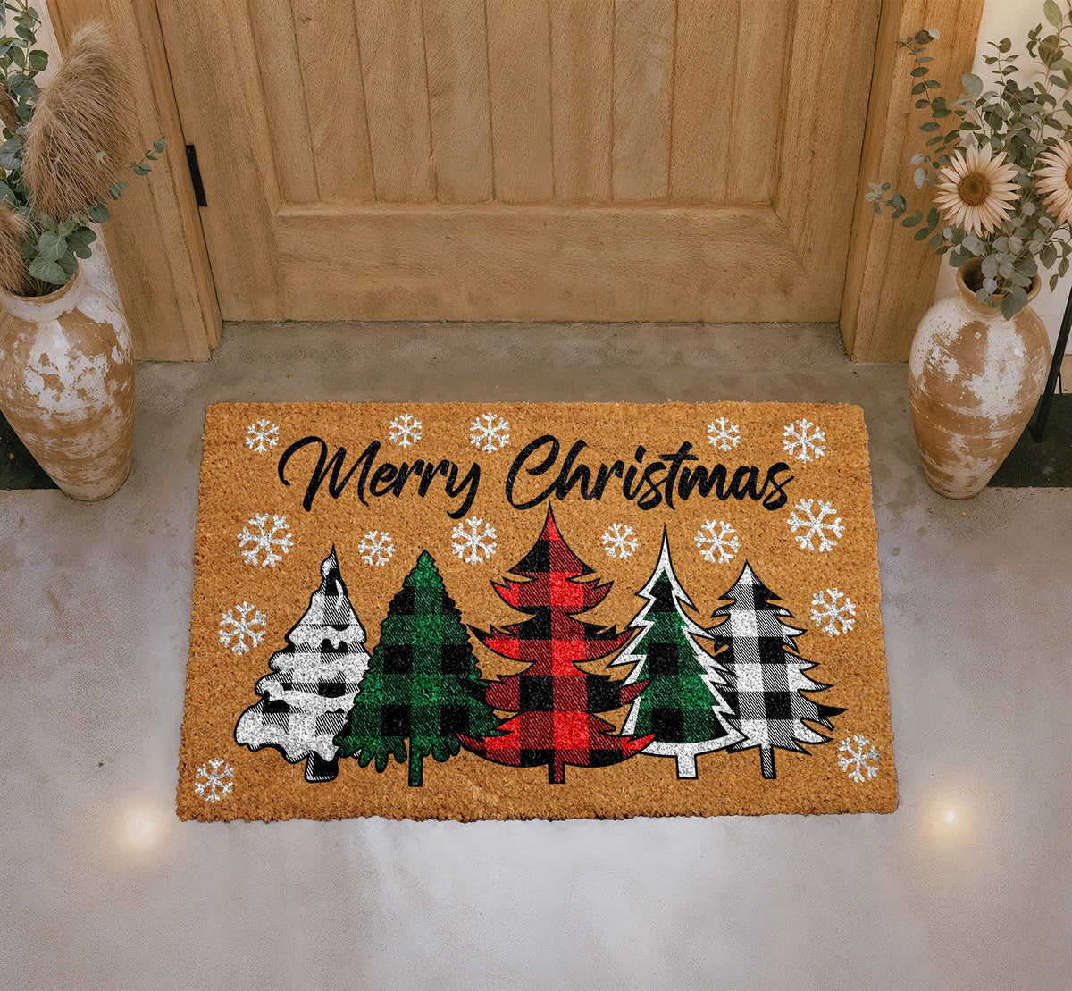 Merry Christmas Coir Doormat, Xmas Tree Welcome Mat, Buffalo Plaid Trees Door Mat, Seasonal Outdoor Entryway Rug, Festive Front Porch Decor
