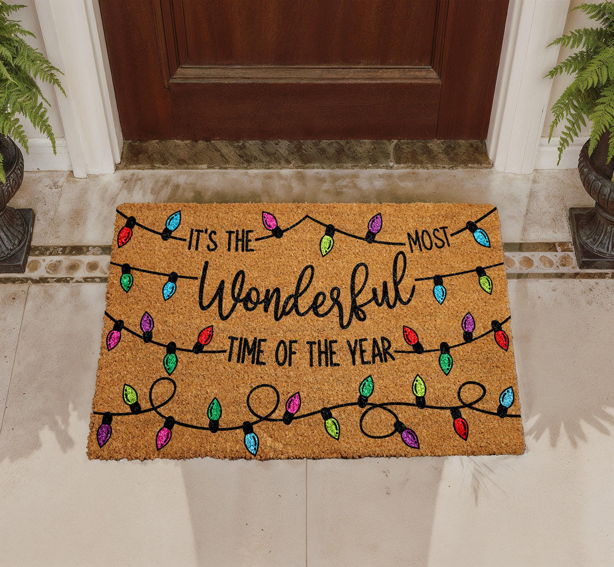Personalized Coir Doormat, Christmas Lights Welcome Mat, Holiday Entryway Rugs