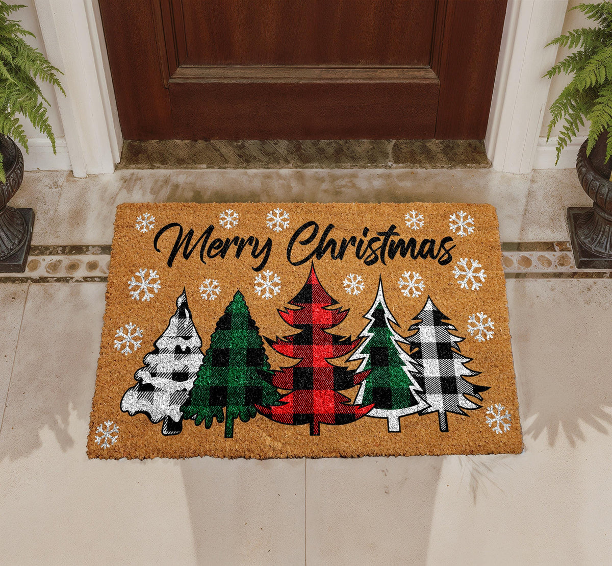 Merry Christmas Coir Doormat, Xmas Tree Welcome Mat, Buffalo Plaid Trees Door Mat, Seasonal Outdoor Entryway Rug, Festive Front Porch Decor