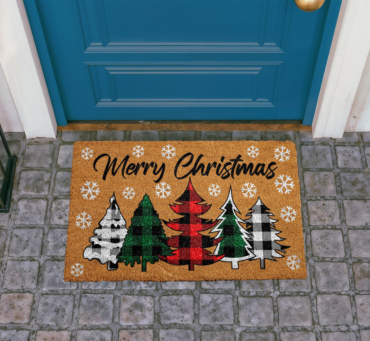 Merry Christmas Coir Doormat, Xmas Tree Welcome Mat, Buffalo Plaid Trees Door Mat, Seasonal Outdoor Entryway Rug, Festive Front Porch Decor