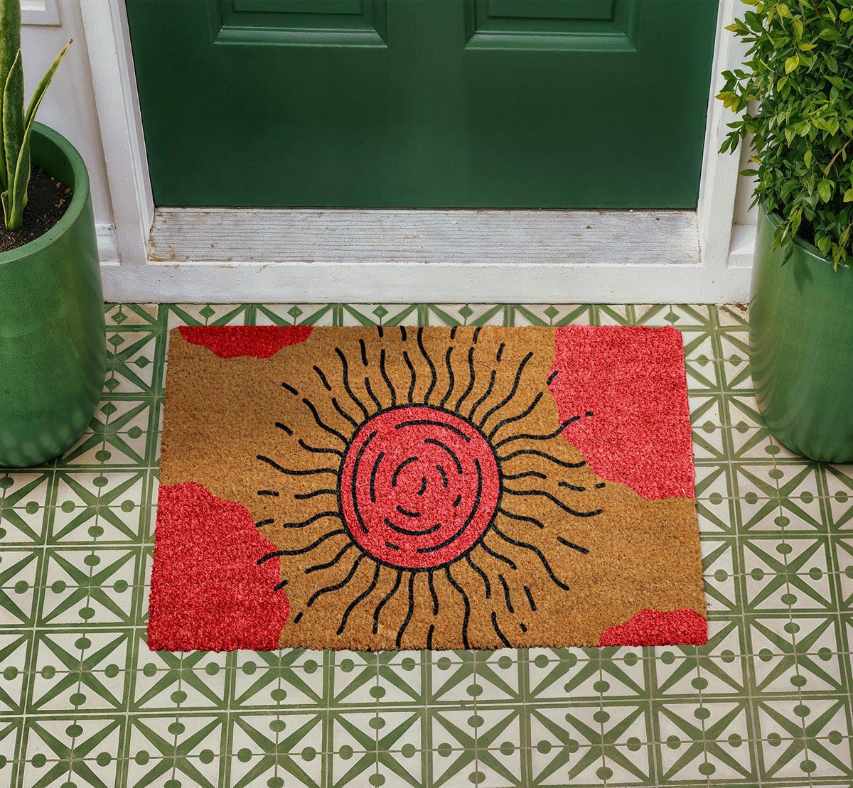 Abstract Sunburst Coir Doormat, Boho Retro Entryway Rug, Outdoor Porch Decor
