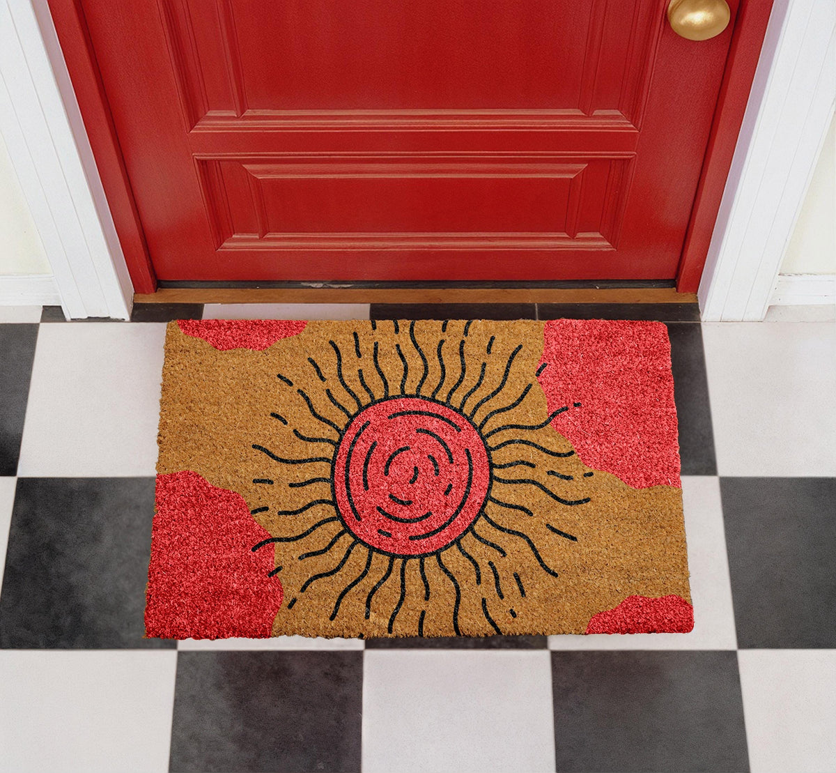 Abstract Sunburst Coir Doormat, Boho Retro Entryway Rug, Outdoor Porch Decor