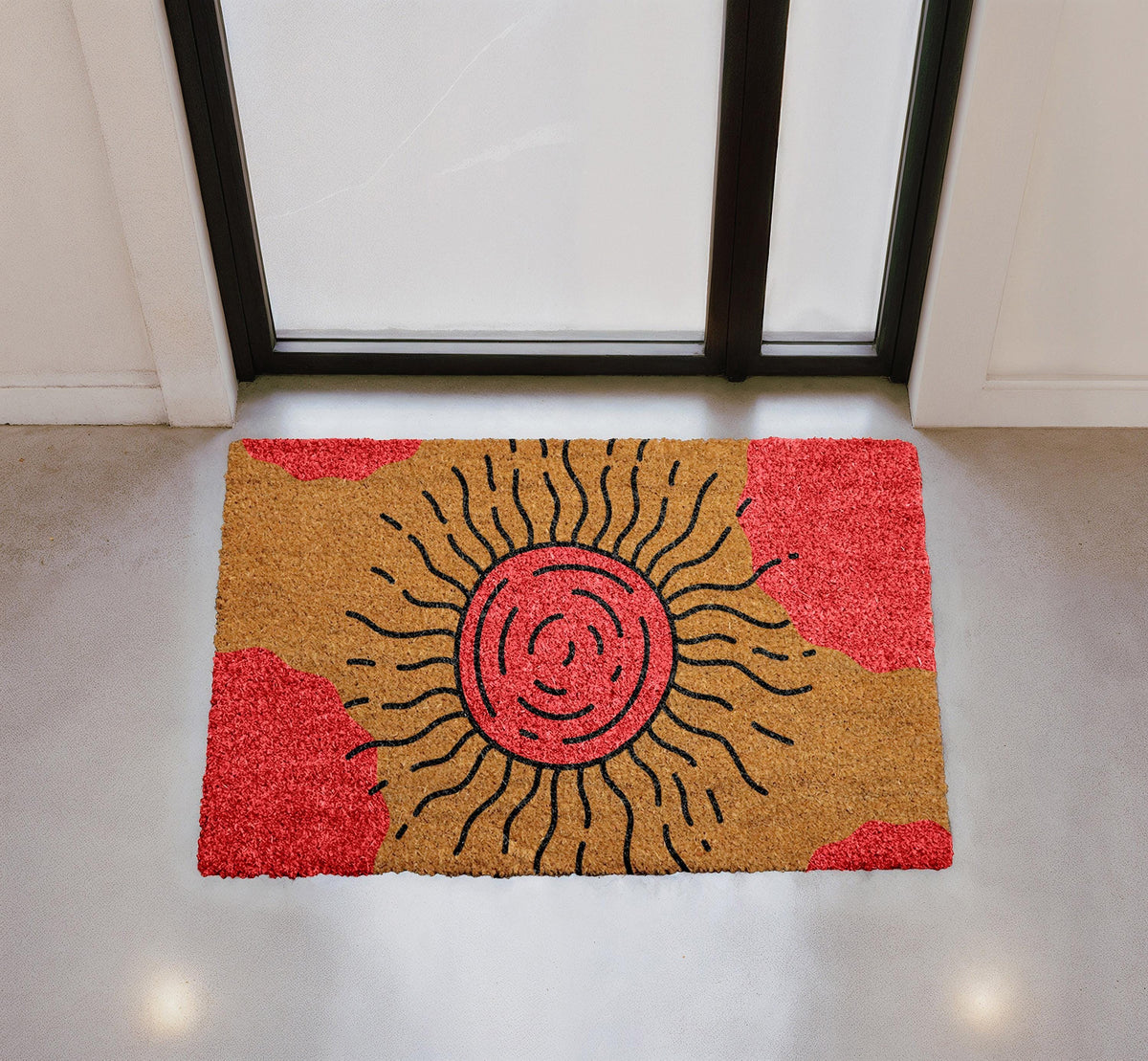 Abstract Sunburst Coir Doormat, Boho Retro Entryway Rug, Outdoor Porch Decor